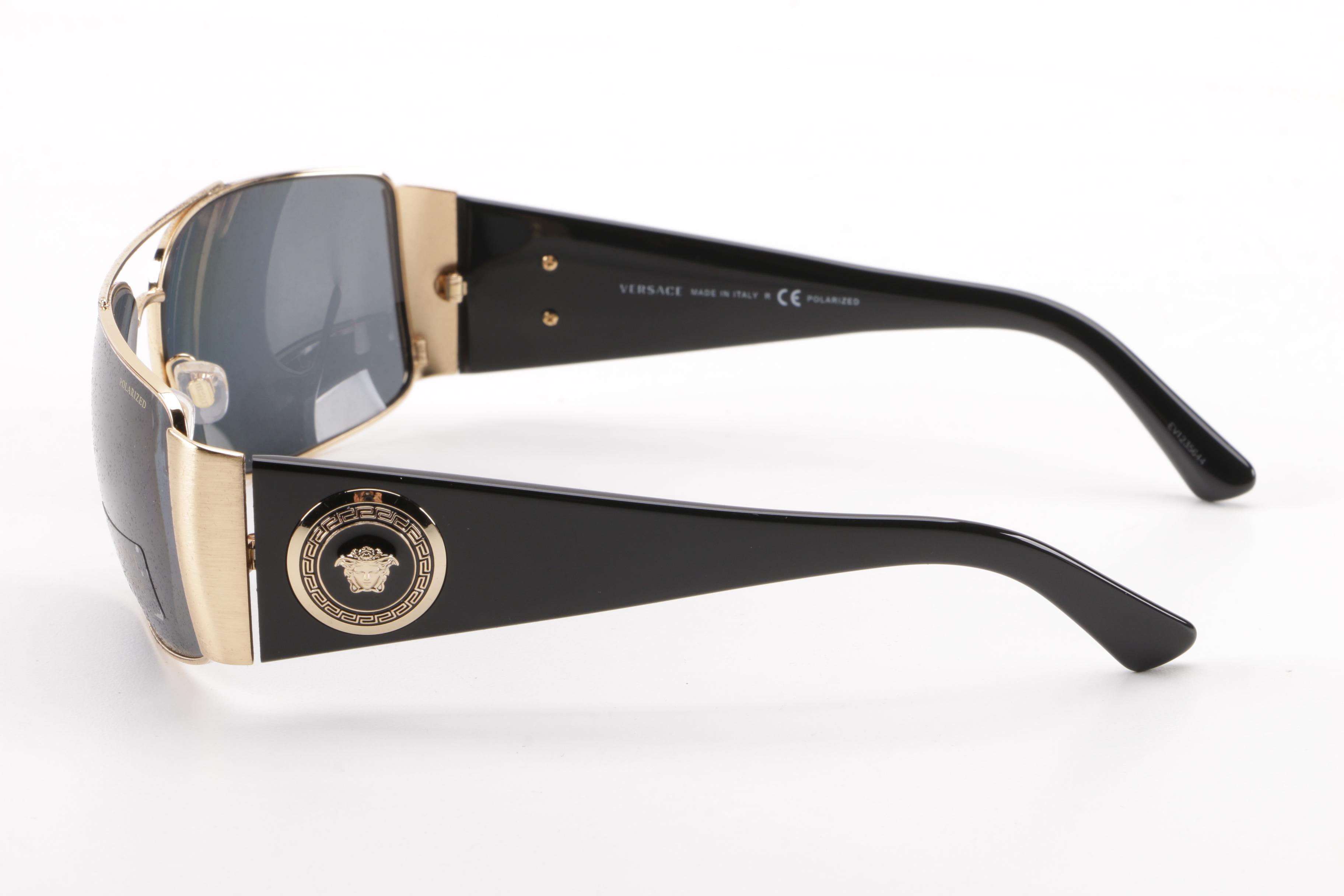 Versace Polarized 2163 Black and Gold Tone Sunglasses, Made in Italy