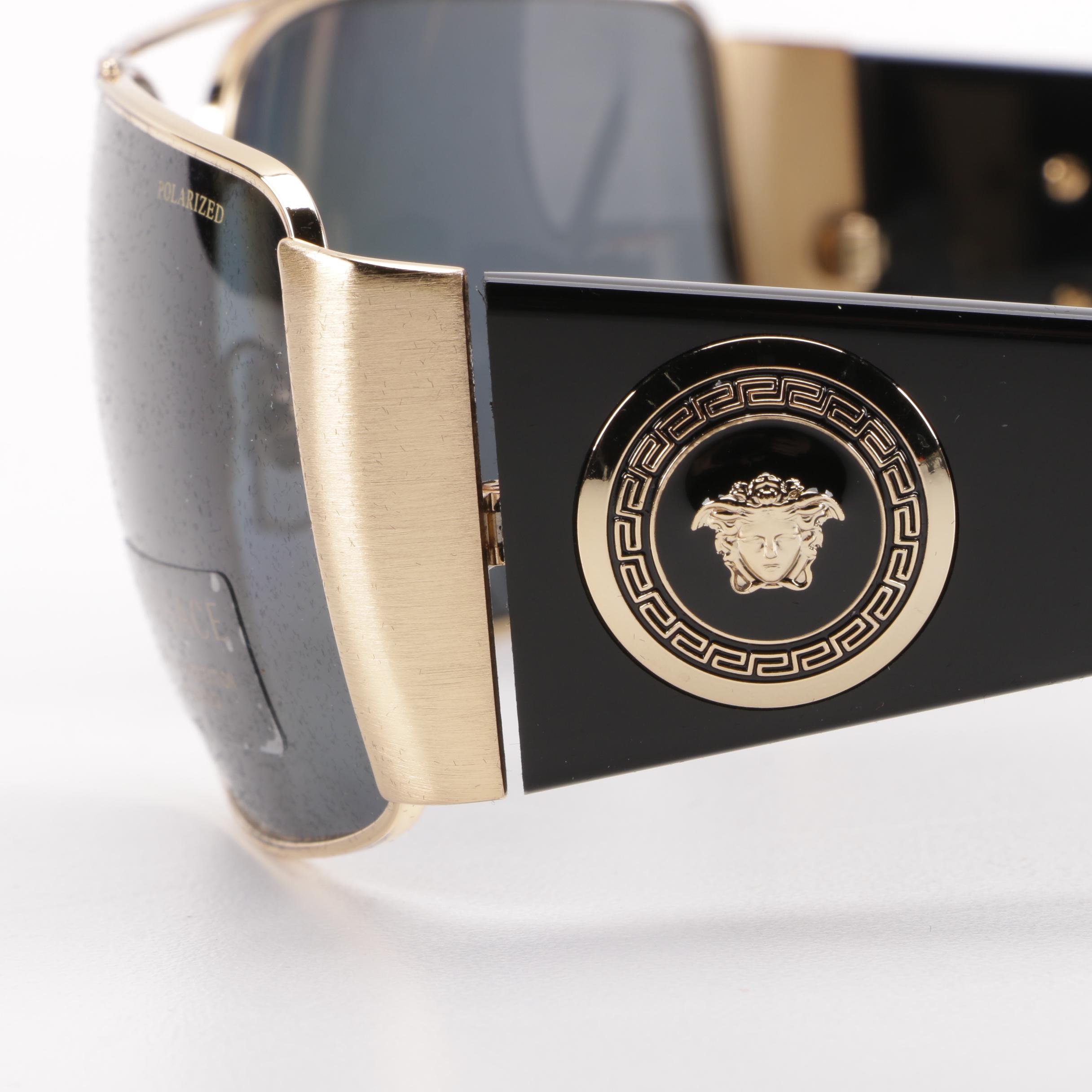 Versace Polarized 2163 Black and Gold Tone Sunglasses, Made in Italy