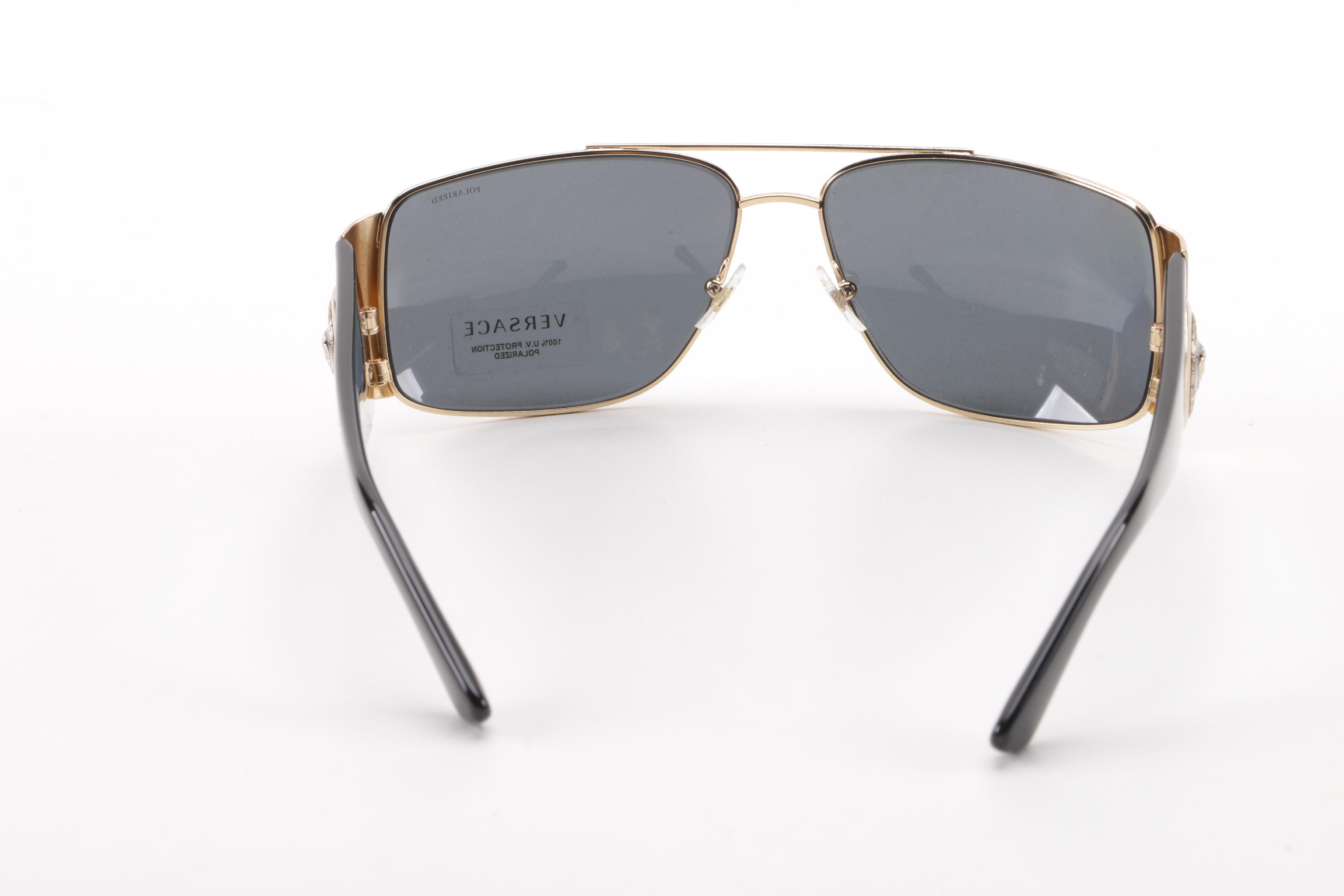 Versace Polarized 2163 Black and Gold Tone Sunglasses, Made in Italy