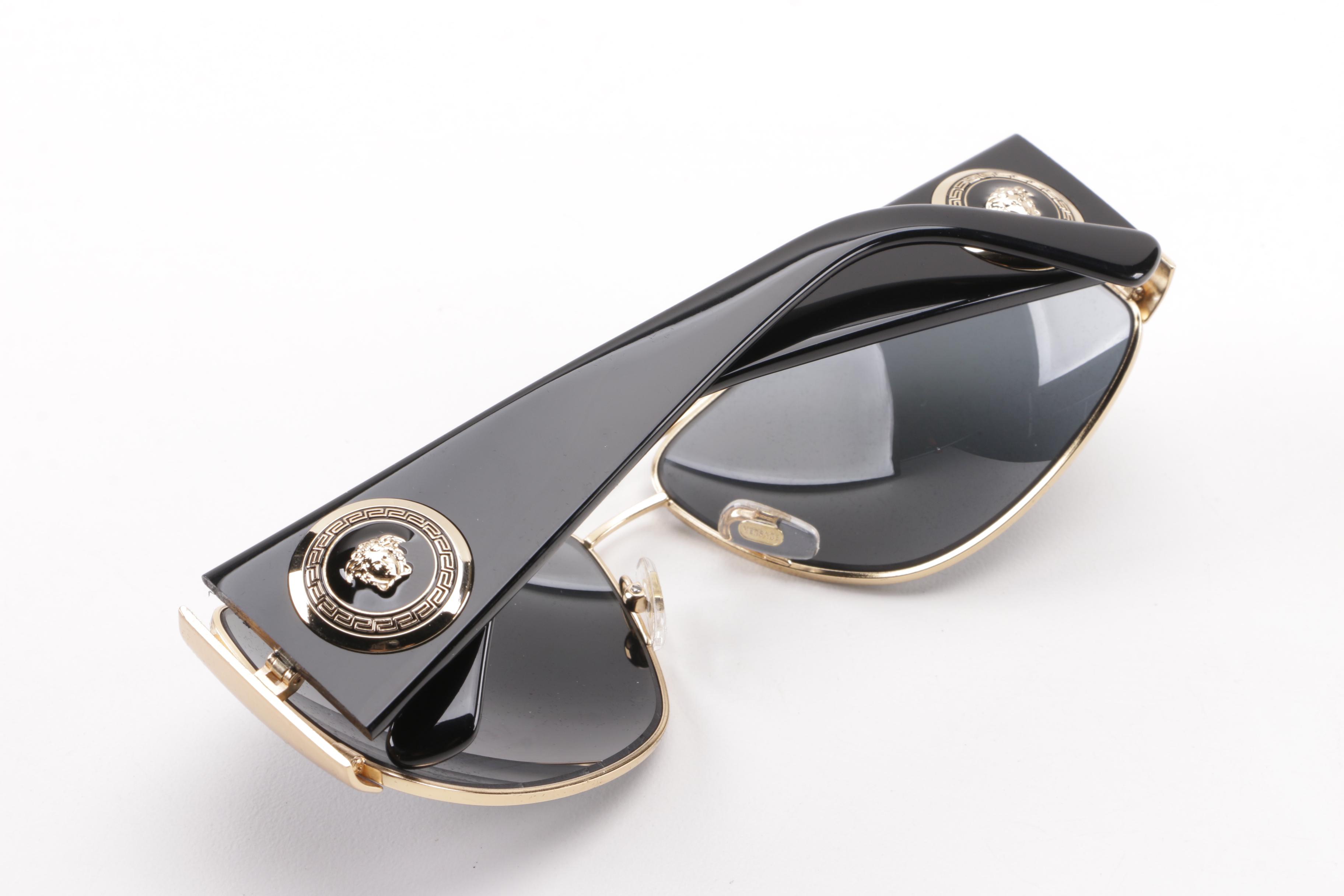 Versace Polarized 2163 Black and Gold Tone Sunglasses, Made in Italy