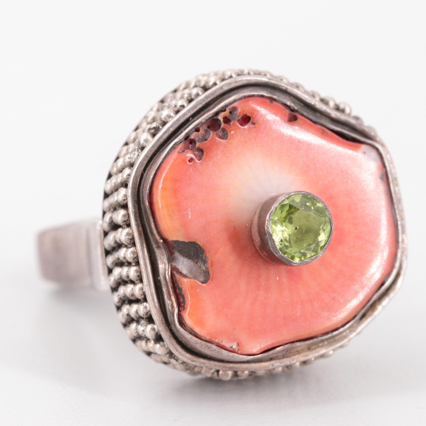 Vintage Sterling Silver Peridot and Coral Ring with Beaded Accents