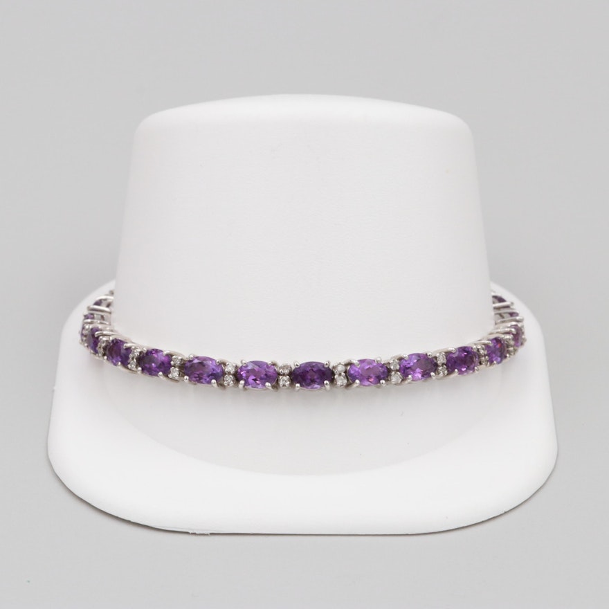 14K White Gold Amethyst and Diamond Tennis Style Bracelet