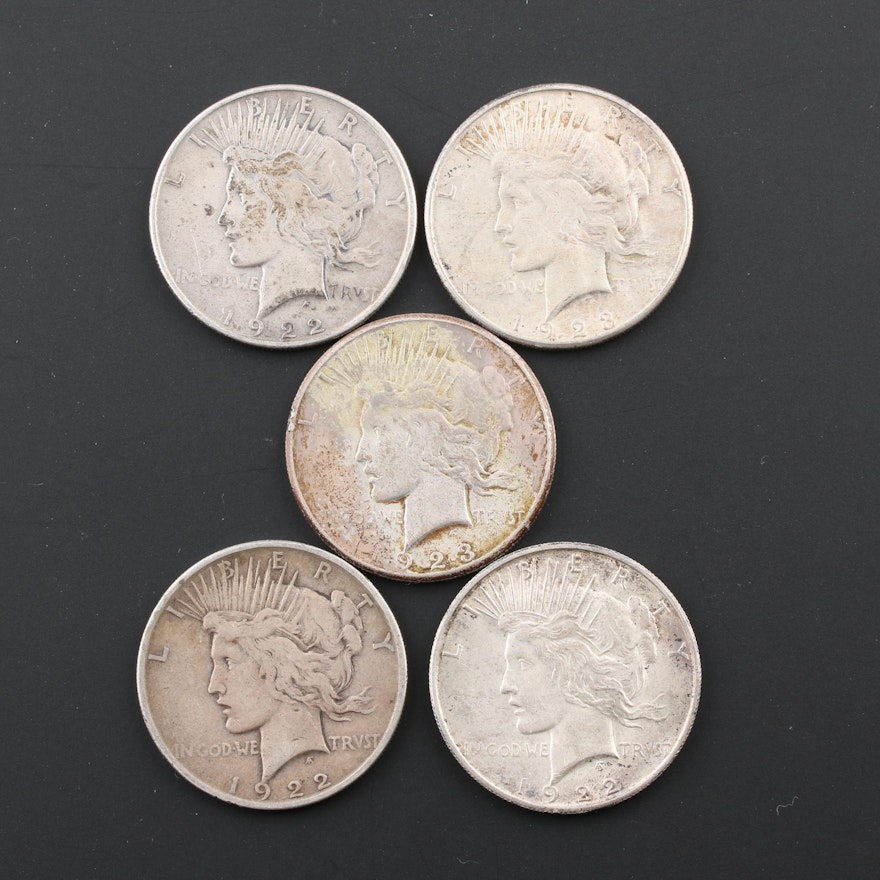 Group of Five Peace Silver Dollars