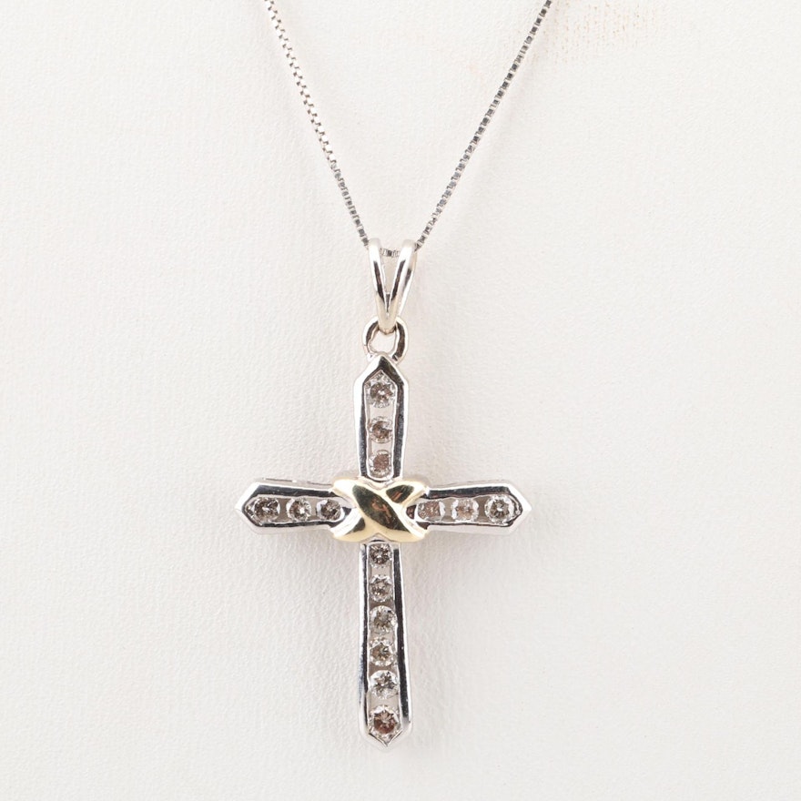 10K White Gold Diamond Cross Pendant Necklace with Yellow Gold Accent