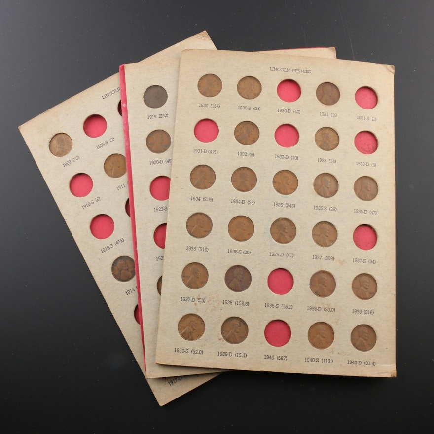 Group of Three Album Pages of Lincoln Wheat Cents, 1909 to 1940