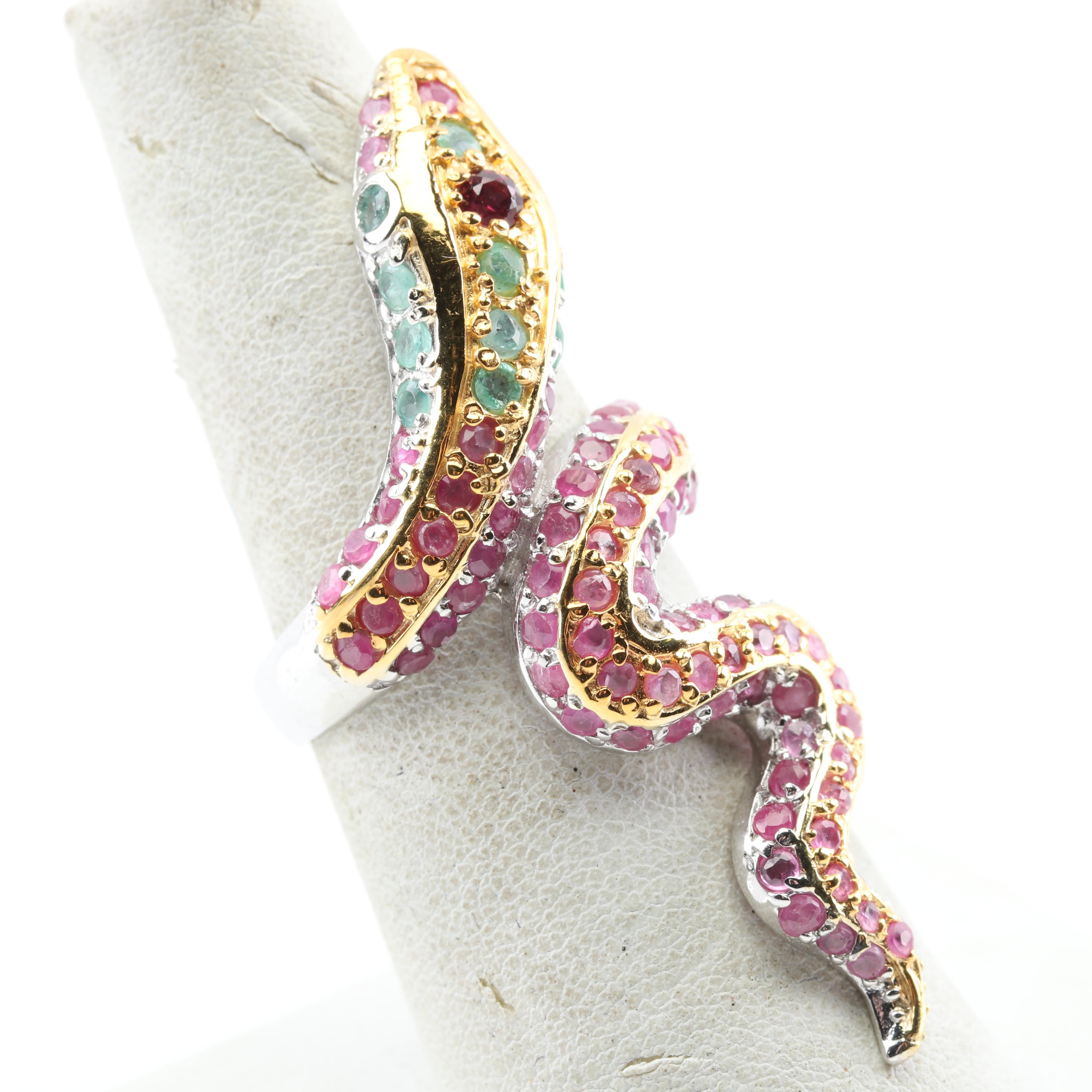 Sterling Silver 3.41 CTW Ruby Emerald and Garnet Slithering Snake Ring