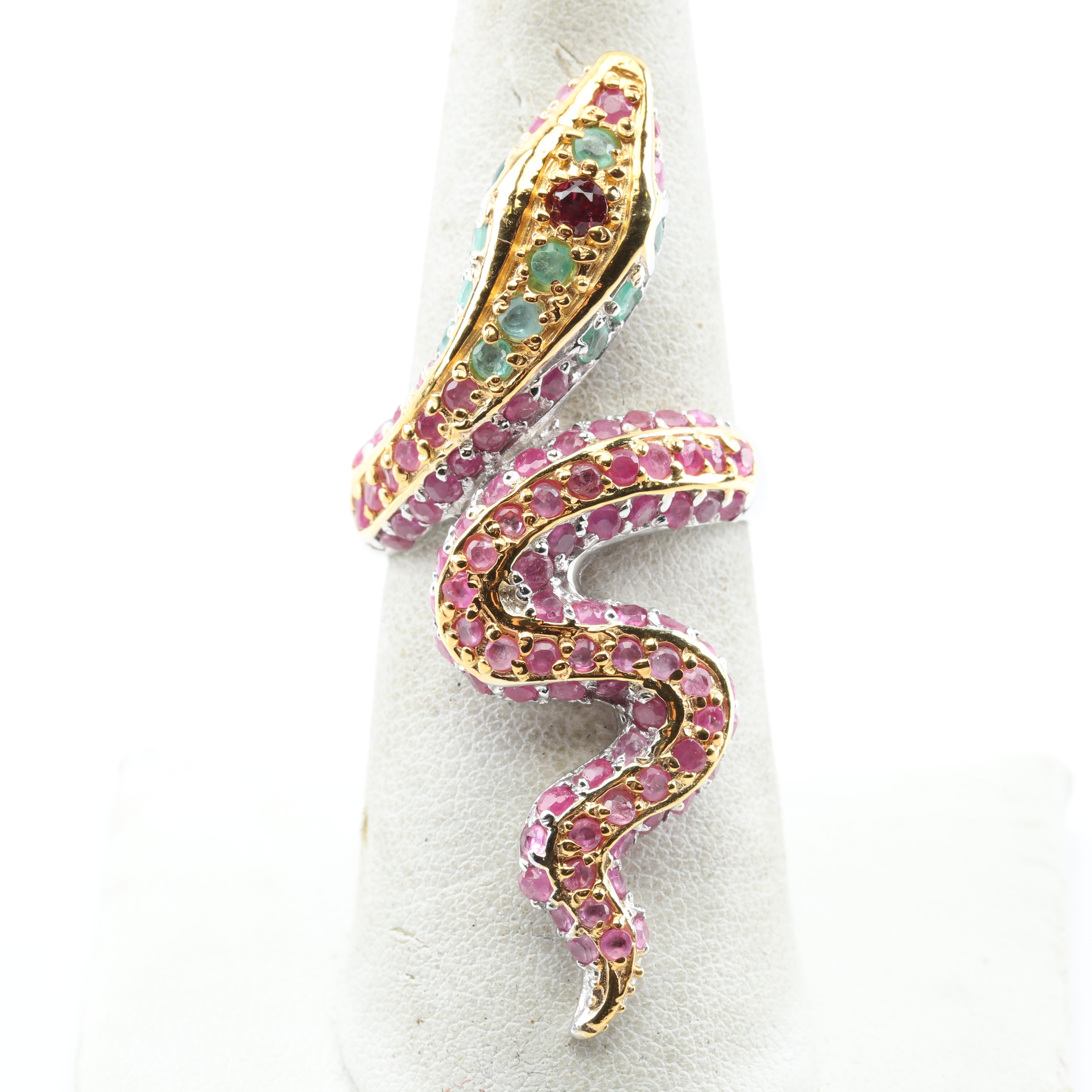 Sterling Silver 3.41 CTW Ruby Emerald and Garnet Slithering Snake Ring