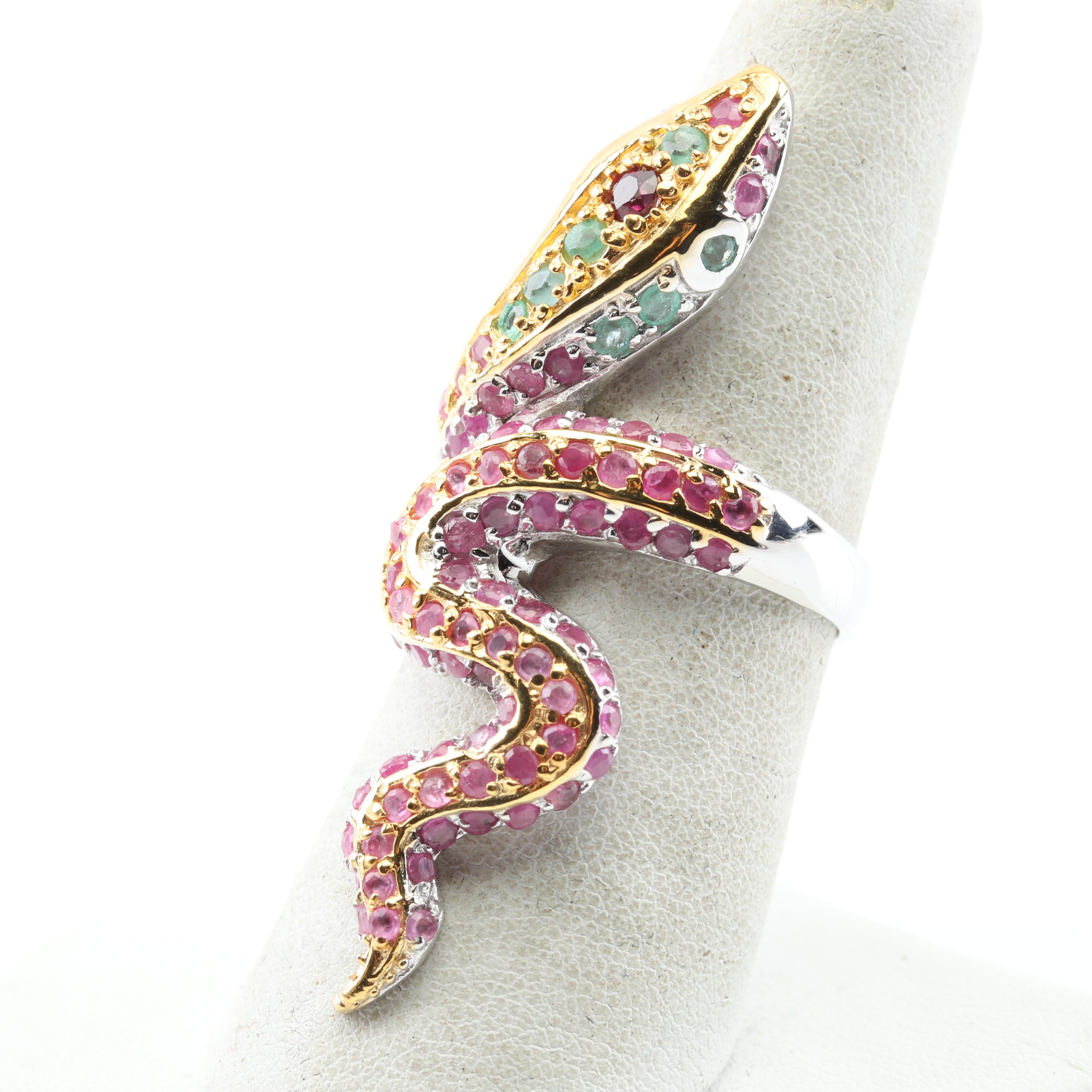 Sterling Silver 3.41 CTW Ruby Emerald and Garnet Slithering Snake Ring