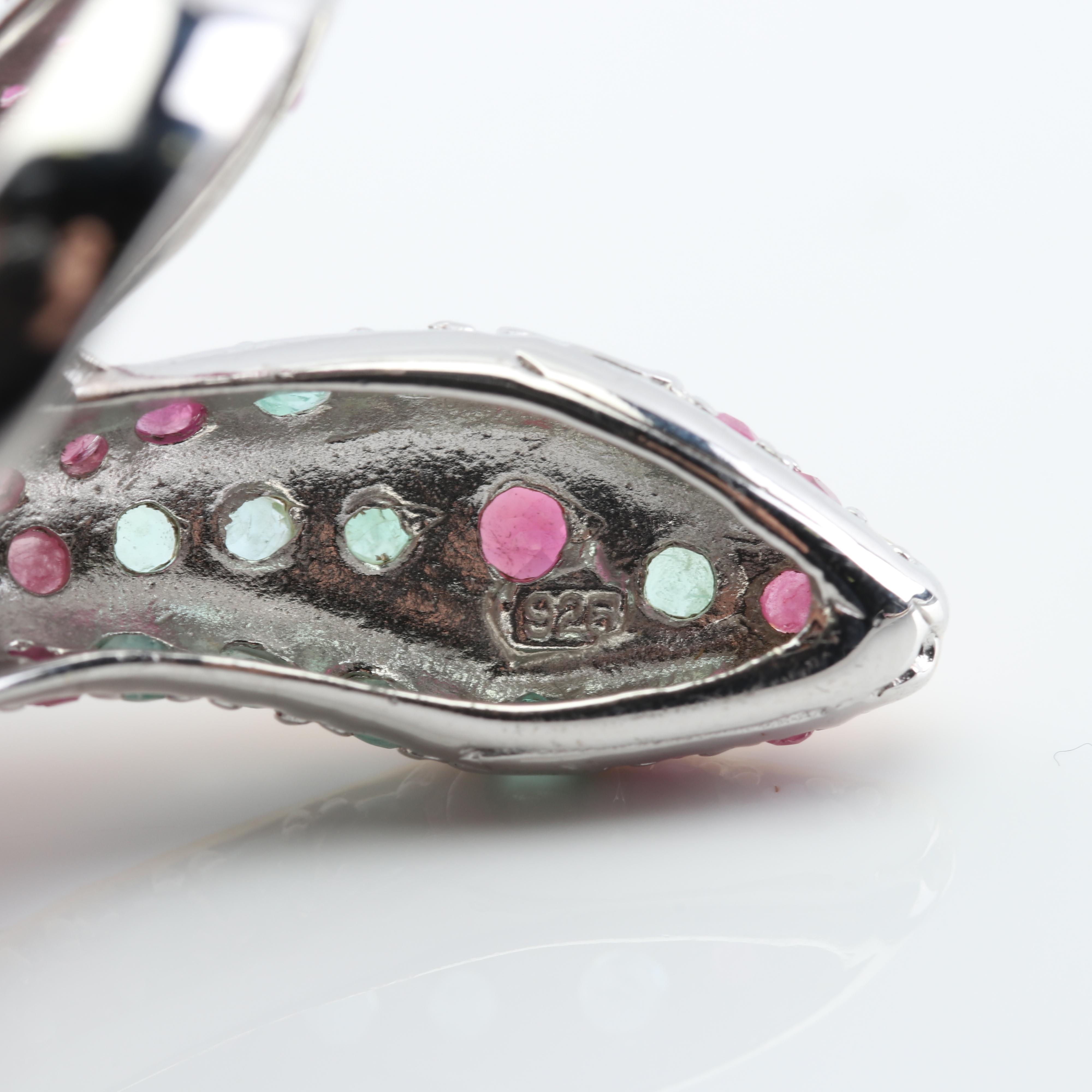 Sterling Silver 3.41 CTW Ruby Emerald and Garnet Slithering Snake Ring