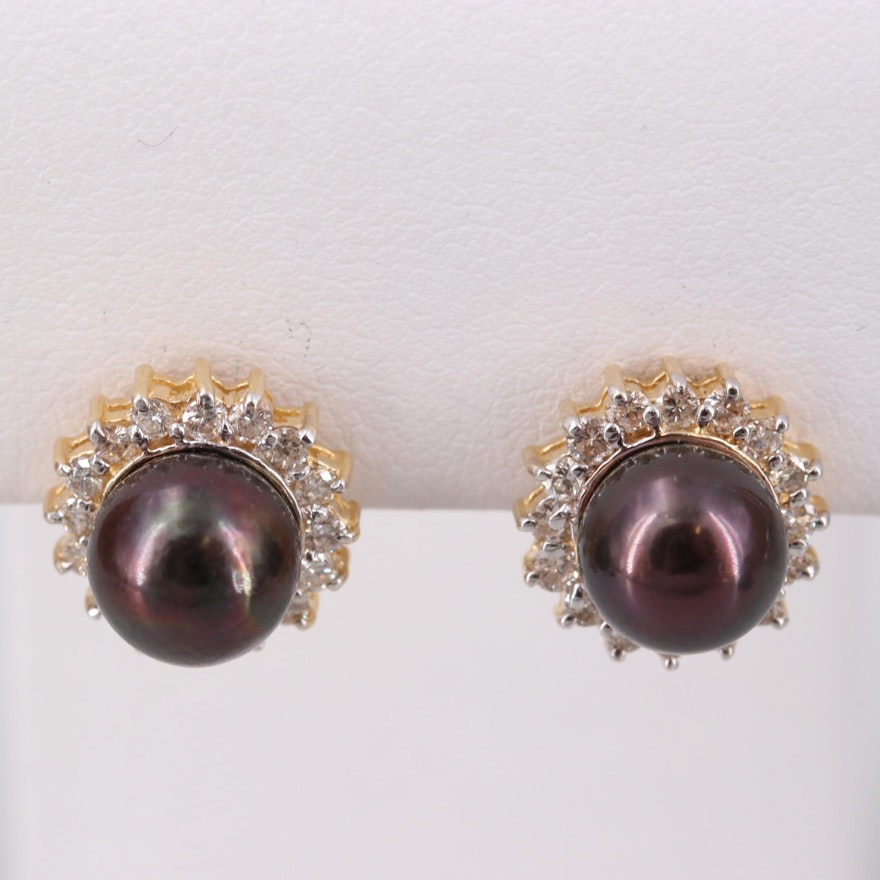 14K Yellow Gold Cultured Pearl and Diamond Earrings