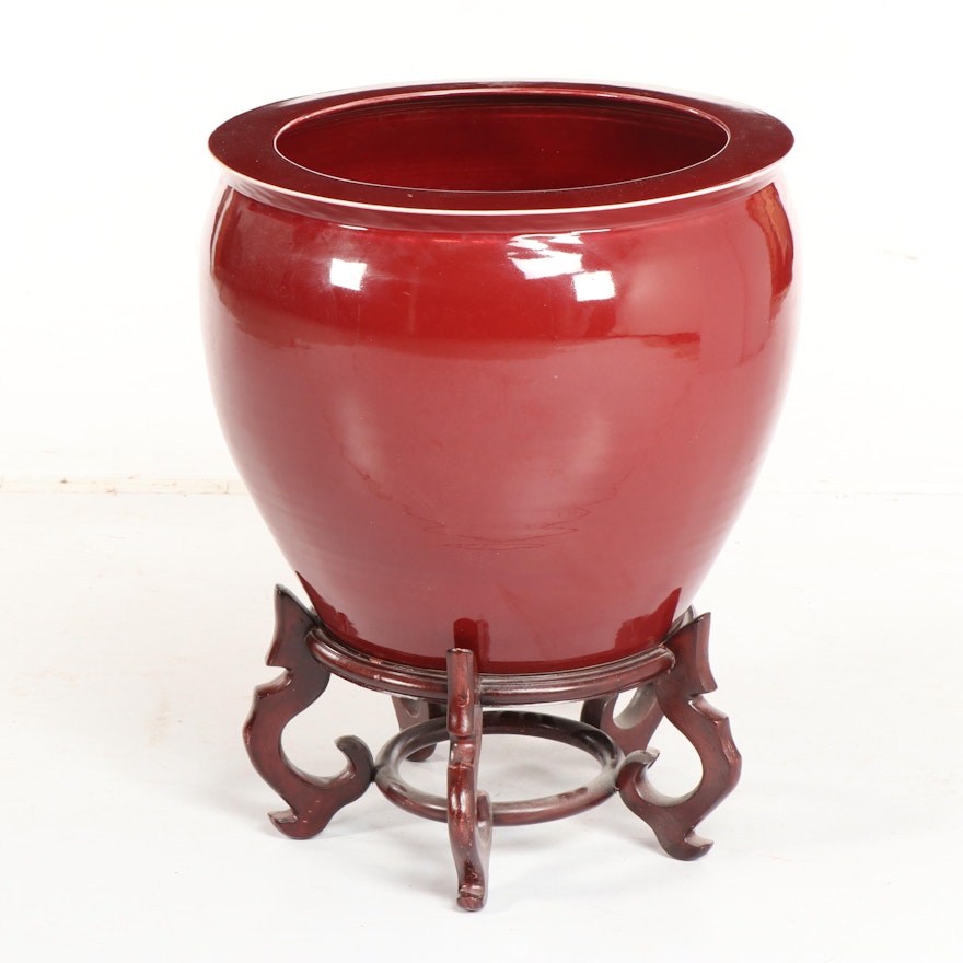 Chinese Monochrome Fishbowl Planter on Carved Wood Stand