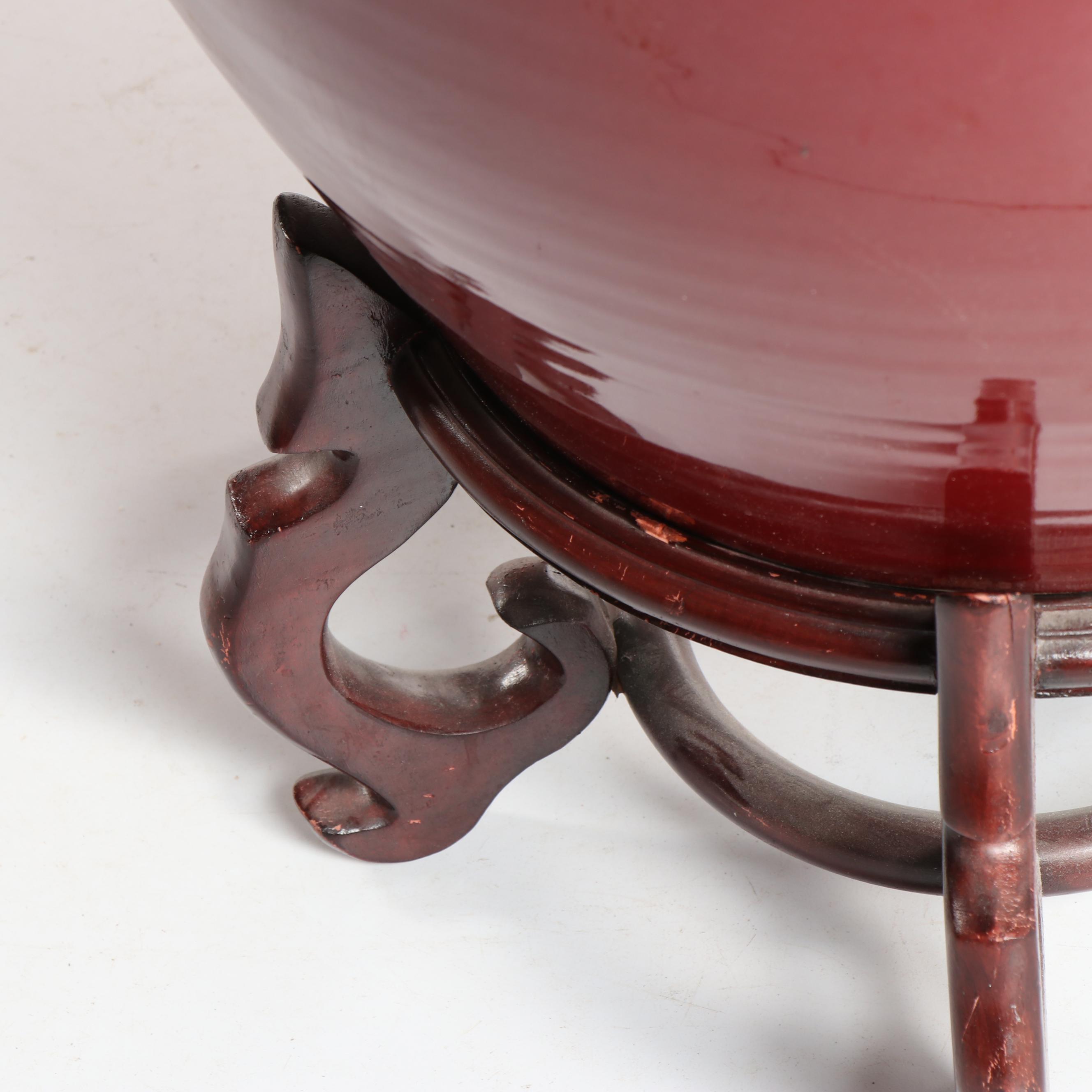 Chinese Monochrome Fishbowl Planter on Carved Wood Stand