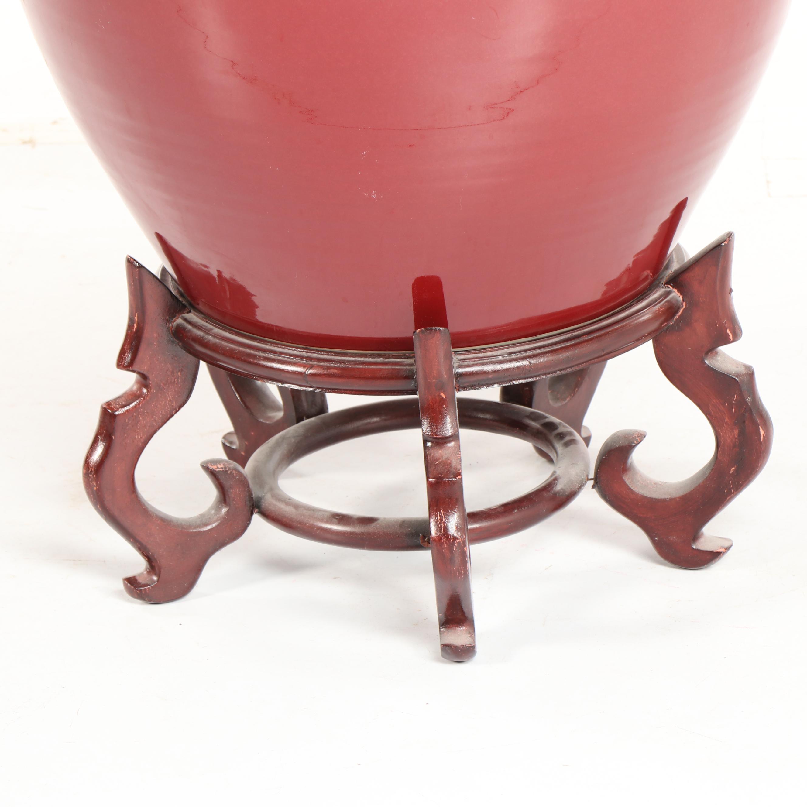 Chinese Monochrome Fishbowl Planter on Carved Wood Stand