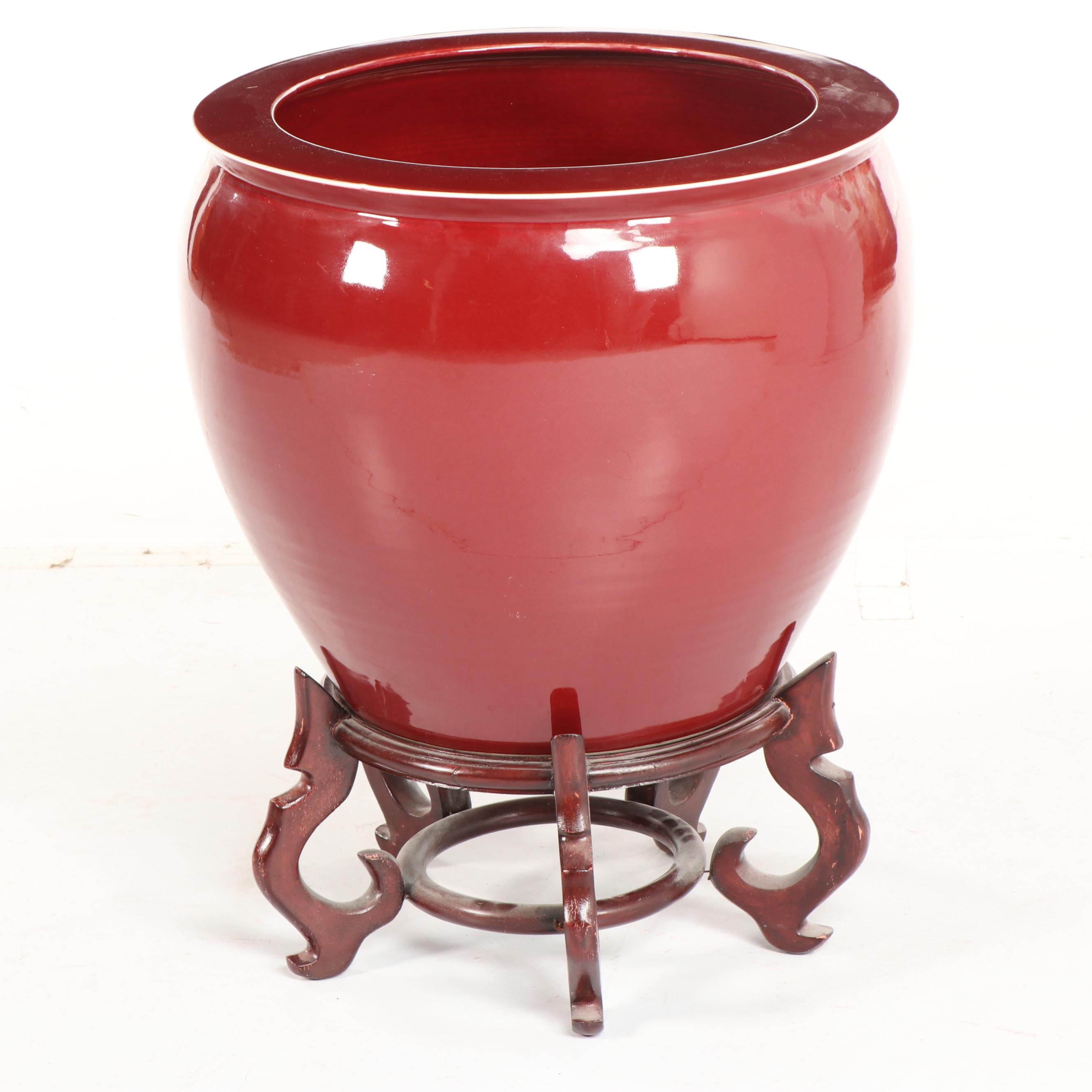 Chinese Monochrome Fishbowl Planter on Carved Wood Stand