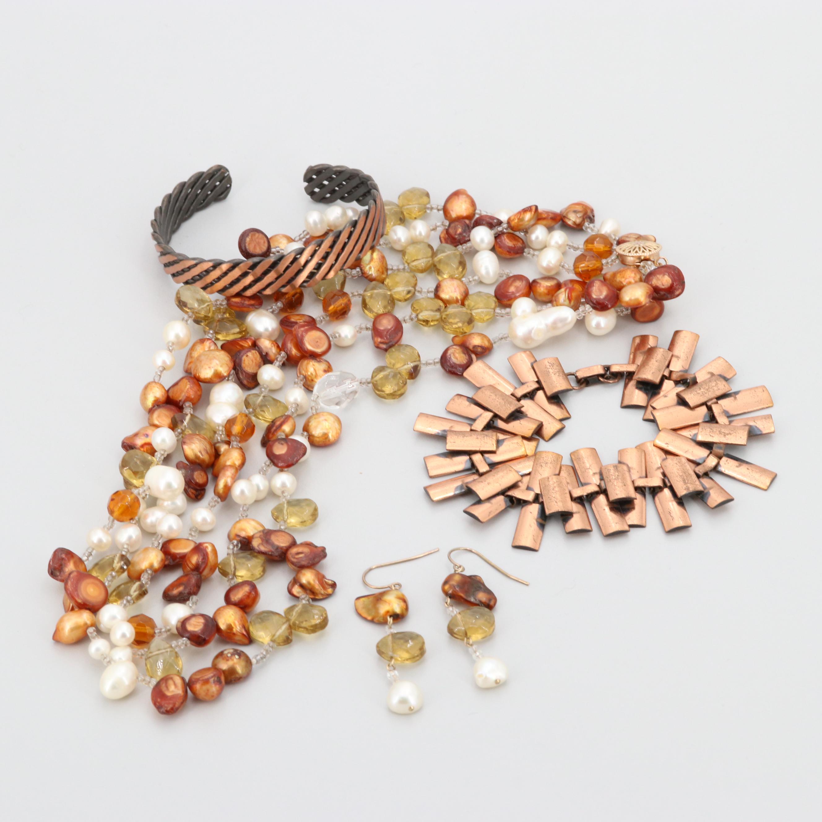 Assorted Cultured Pearl, Glass and Bronze Tone Jewelry