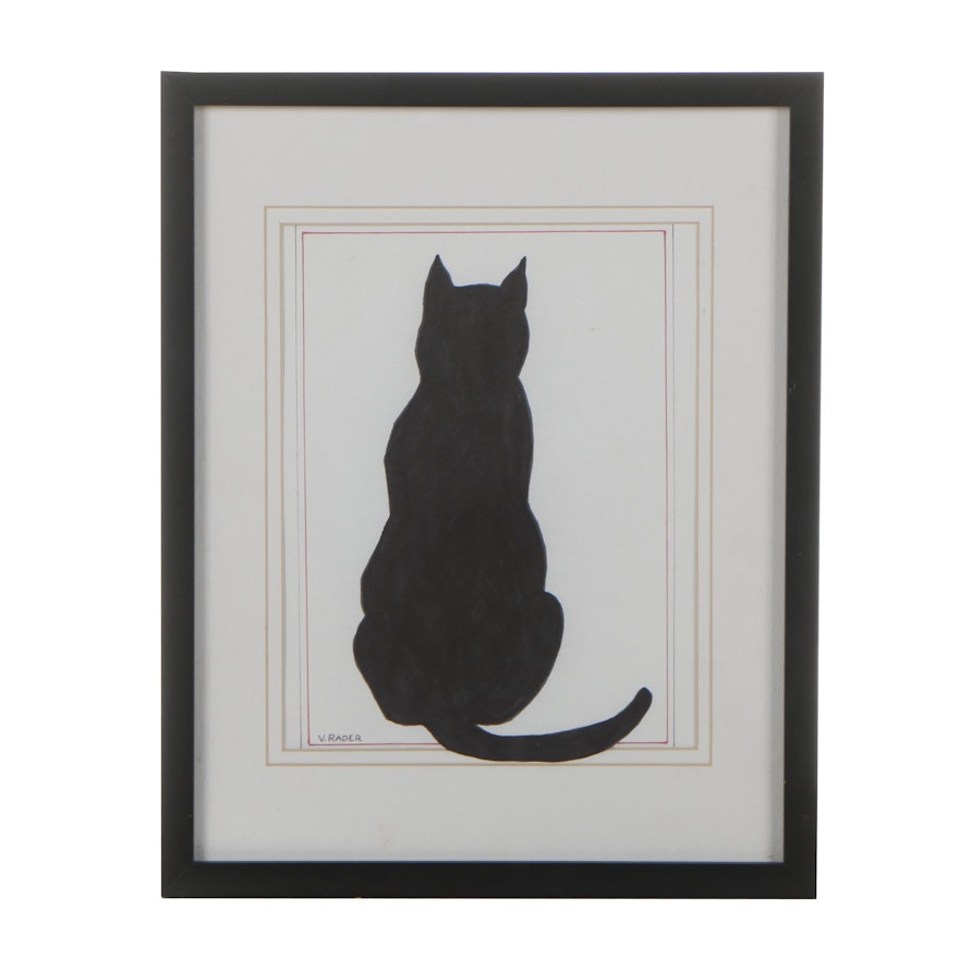 V. Rader Black Cat Mixed Media Drawing