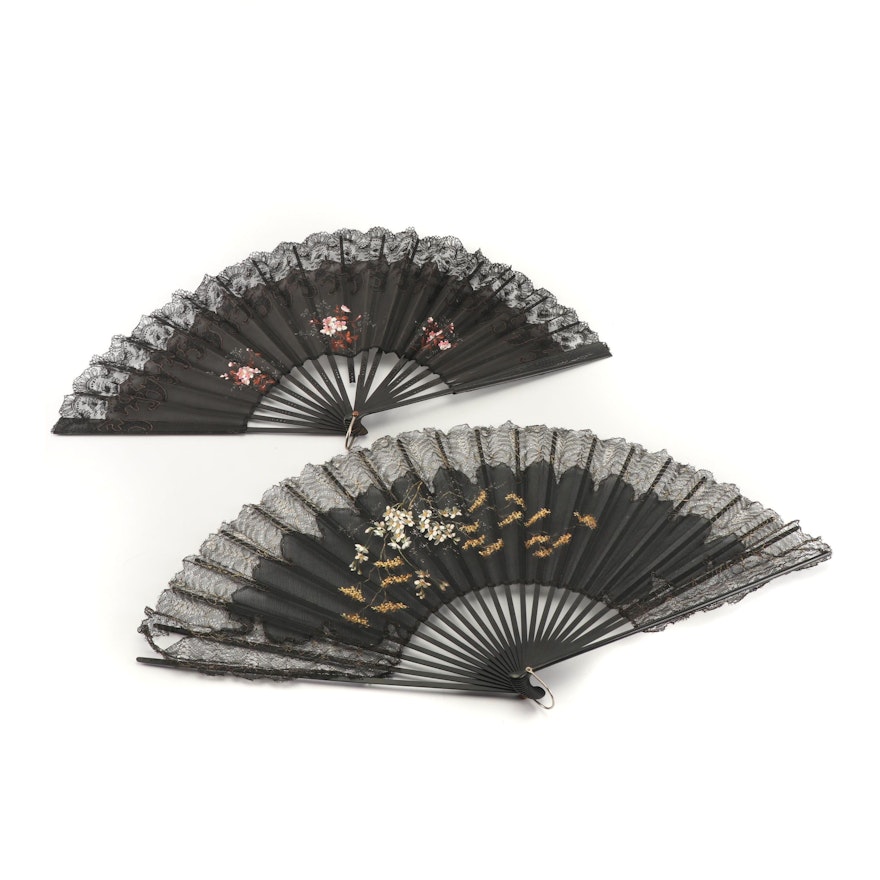 Vintage Hand-Painted Lace, Wood and Nylon Folding Fans