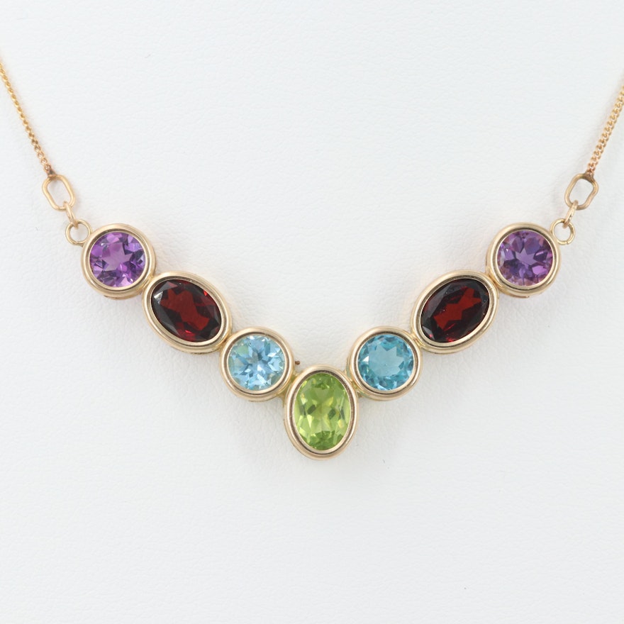 14K Yellow Gold Peridot, Topaz, Garnet and Amethyst Chevron Necklace