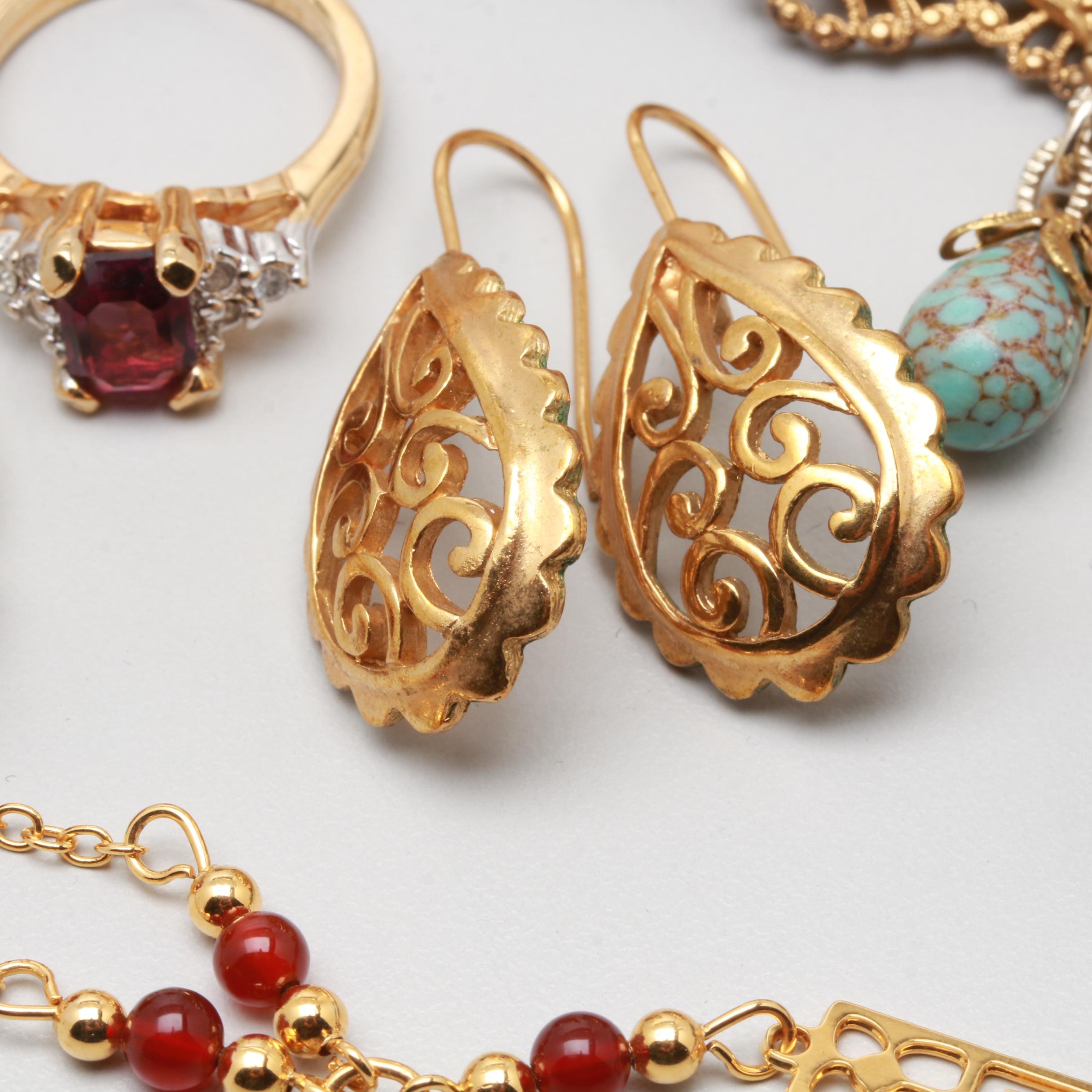 Assorted Opal, Pyrite and Imitation Pearl Gold Tone Costume Jewelry