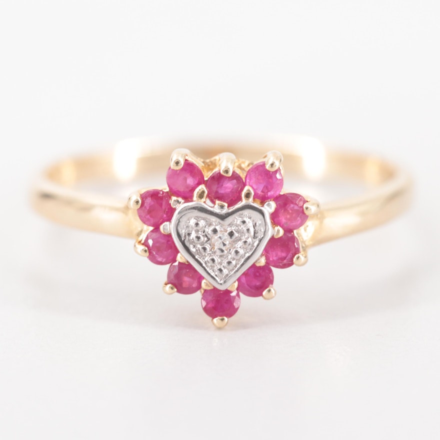 10K Yellow Gold Diamond and Ruby Heart Ring