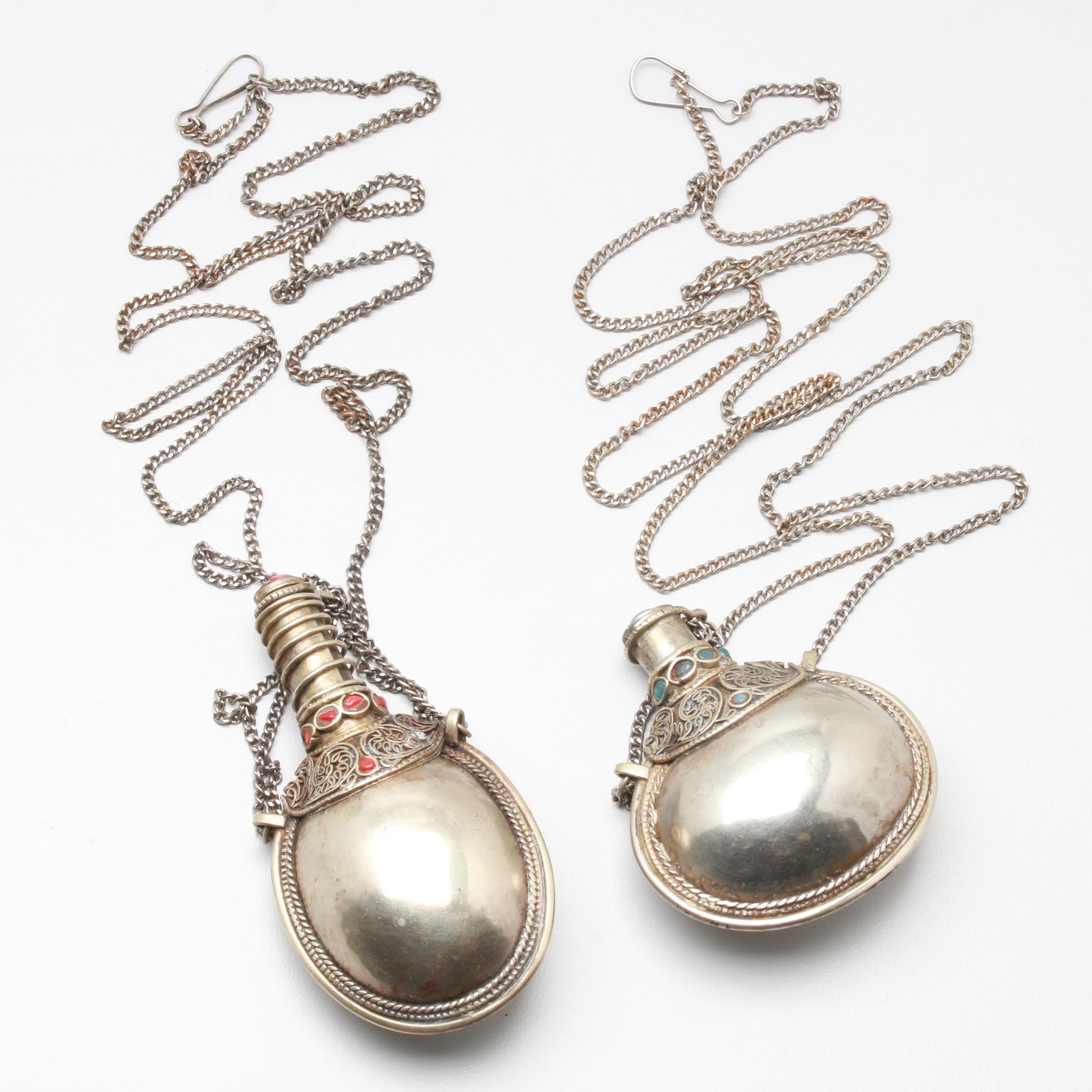 Middle Eastern Silver Tone Red and Blue Glass Snuff Bottles