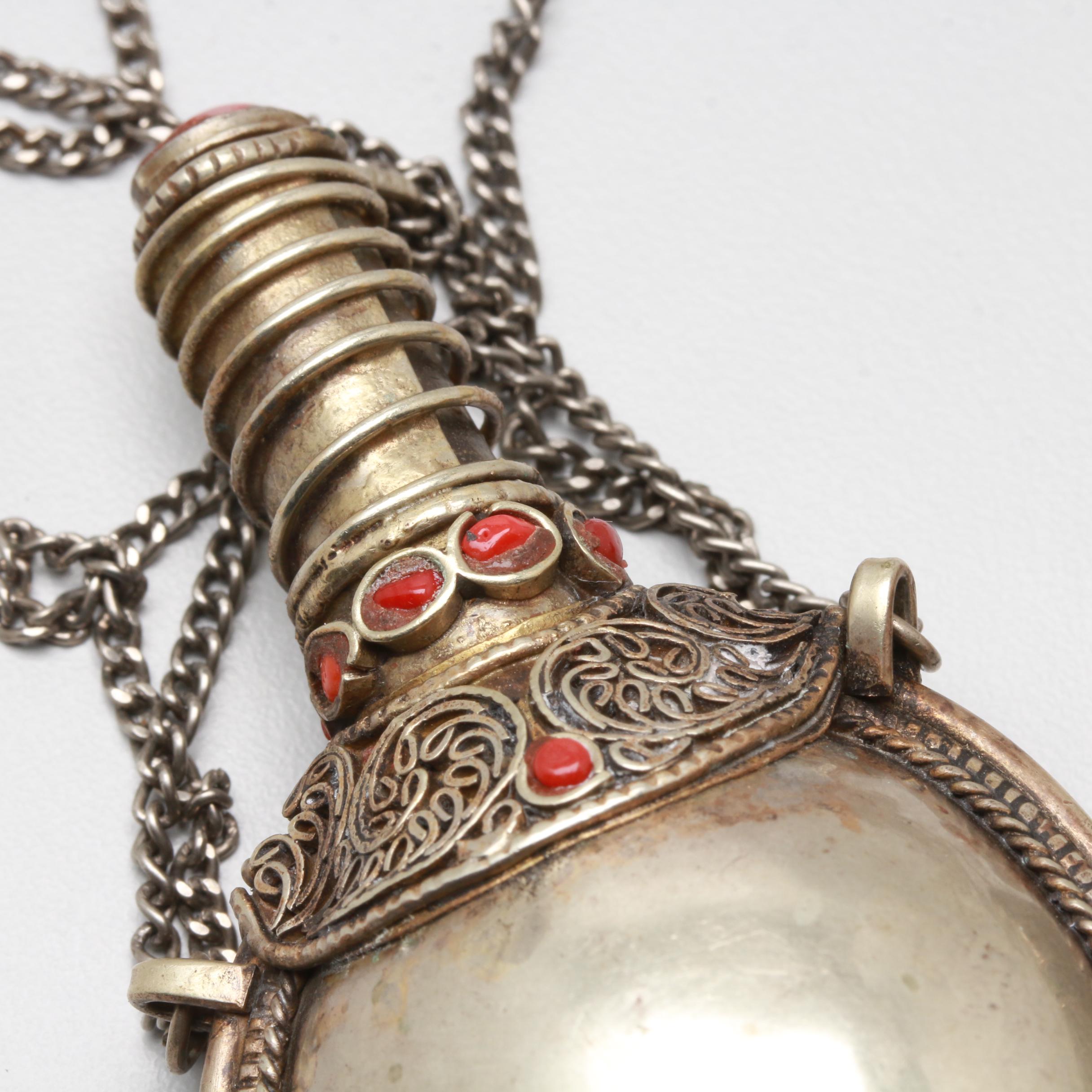 Middle Eastern Silver Tone Red and Blue Glass Snuff Bottles