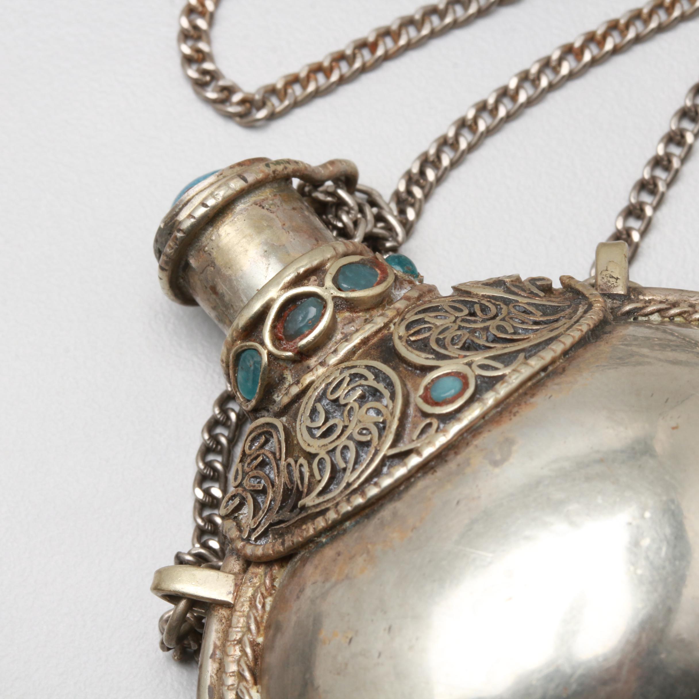 Middle Eastern Silver Tone Red and Blue Glass Snuff Bottles