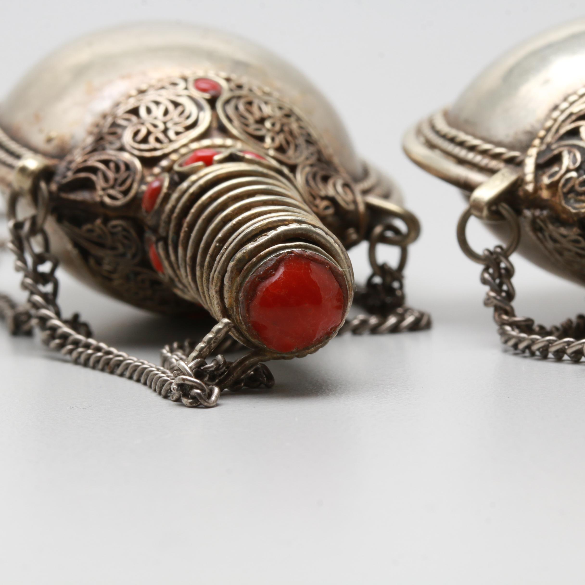 Middle Eastern Silver Tone Red and Blue Glass Snuff Bottles