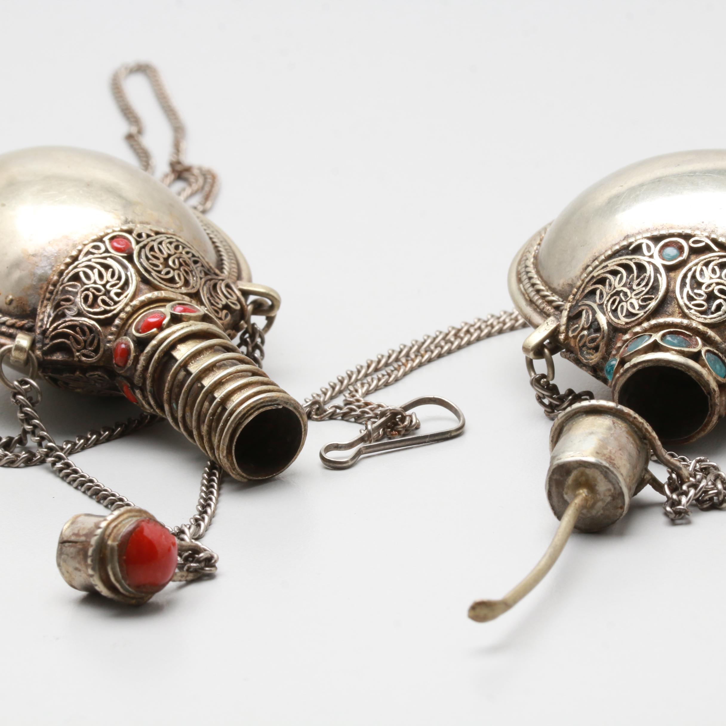 Middle Eastern Silver Tone Red and Blue Glass Snuff Bottles