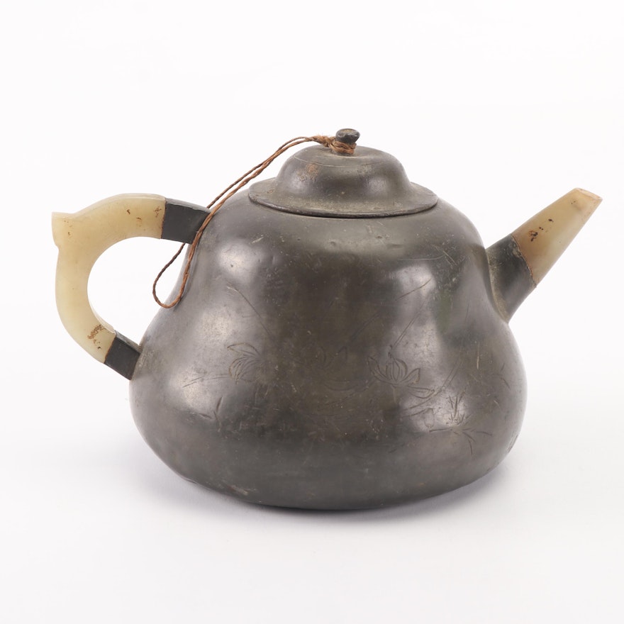 Jade Inset Pewter Encased Yixing Teapot, 19th Century