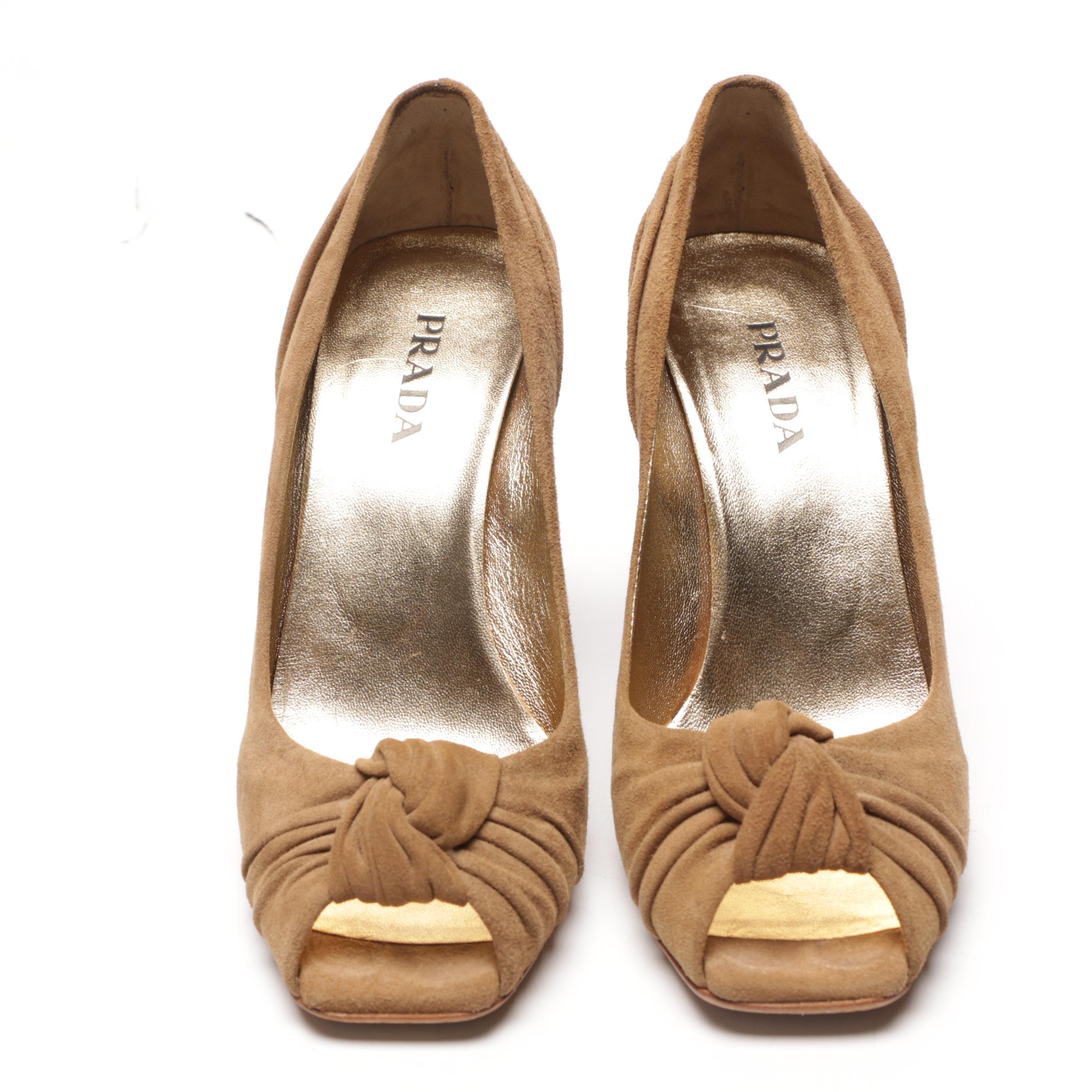 Prada Tan Suede Camoscio Knot Peep-Toe Wedges