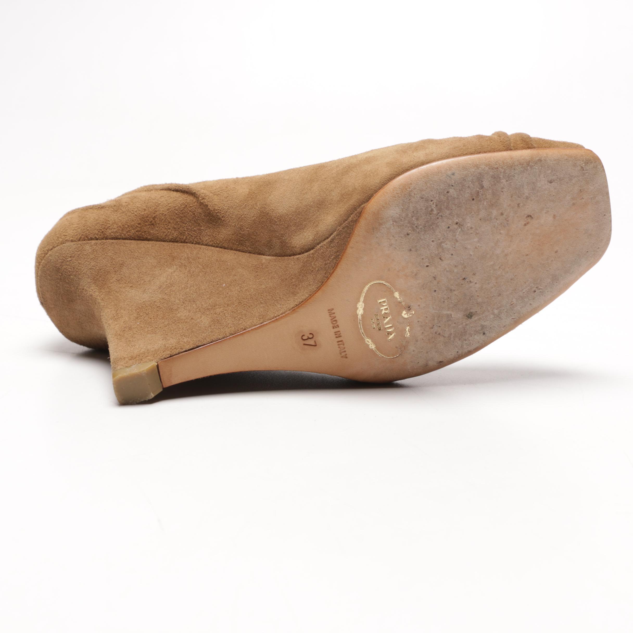 Prada Tan Suede Camoscio Knot Peep-Toe Wedges