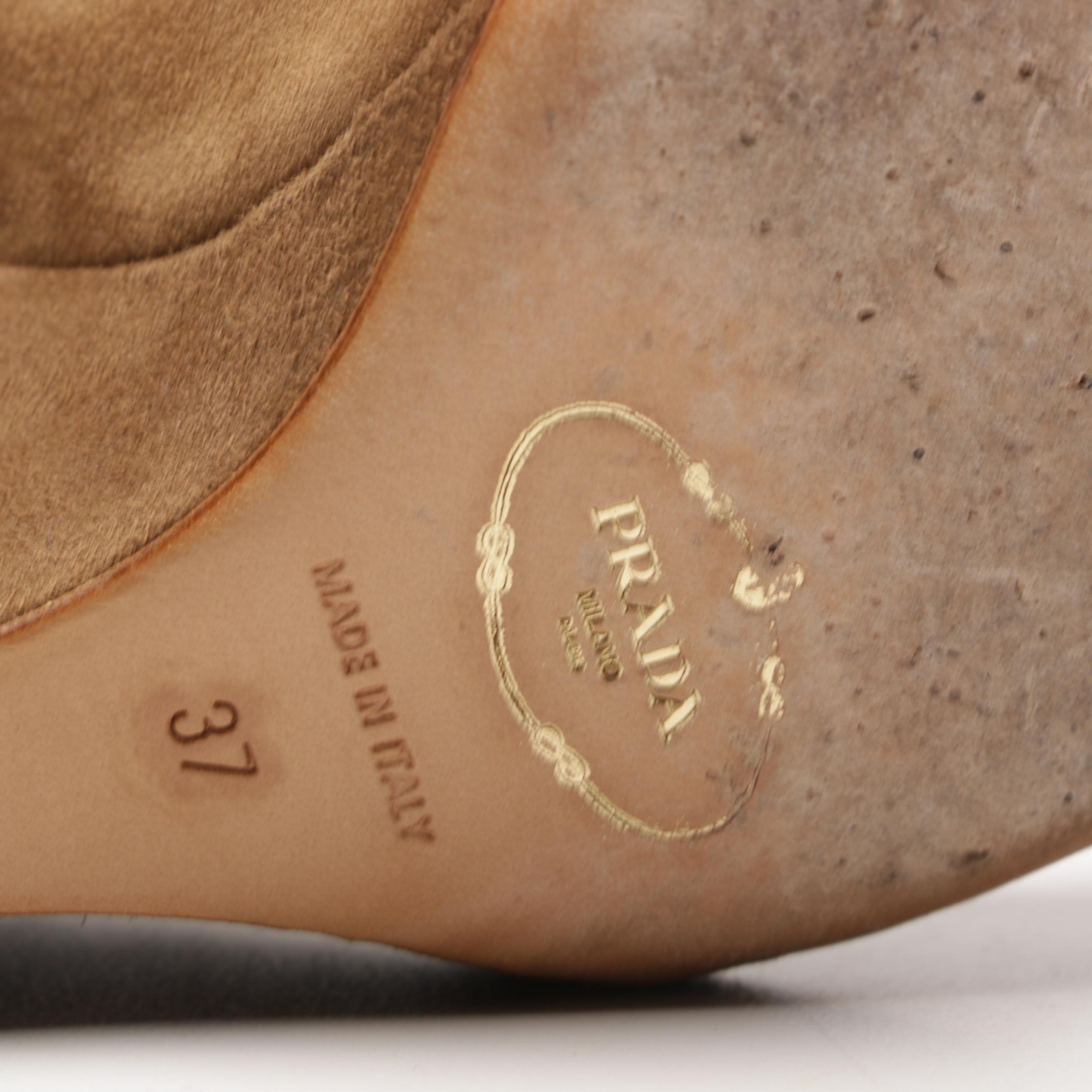 Prada Tan Suede Camoscio Knot Peep-Toe Wedges