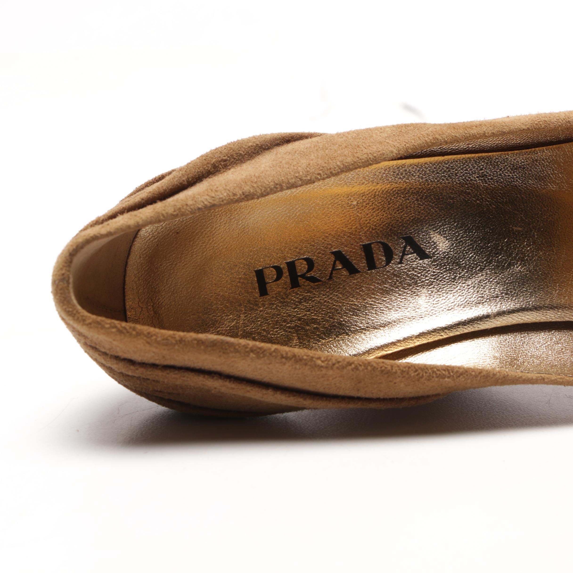 Prada Tan Suede Camoscio Knot Peep-Toe Wedges