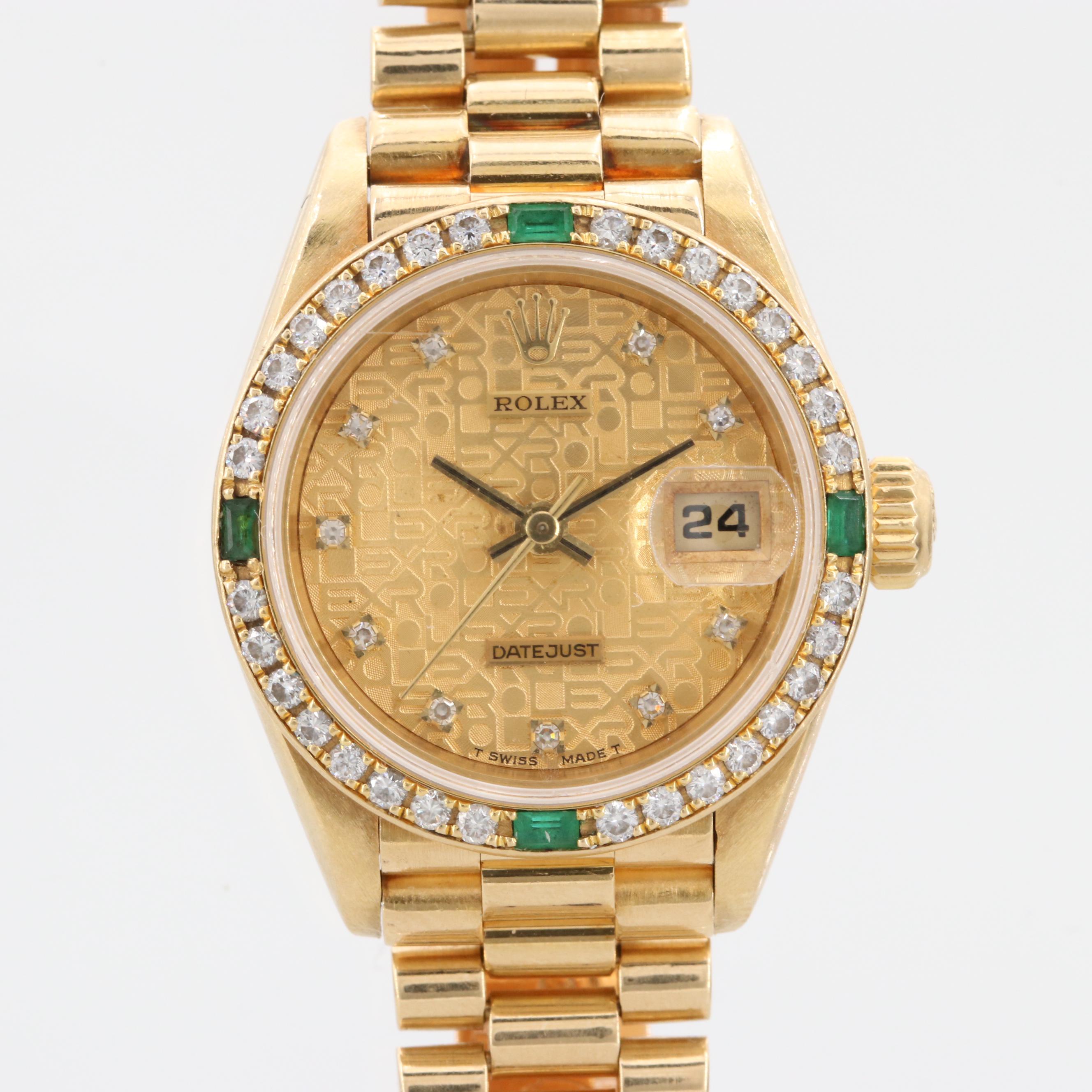 Rolex Datejust 18K Yellow Gold Diamond and Emerald Watch, 1990