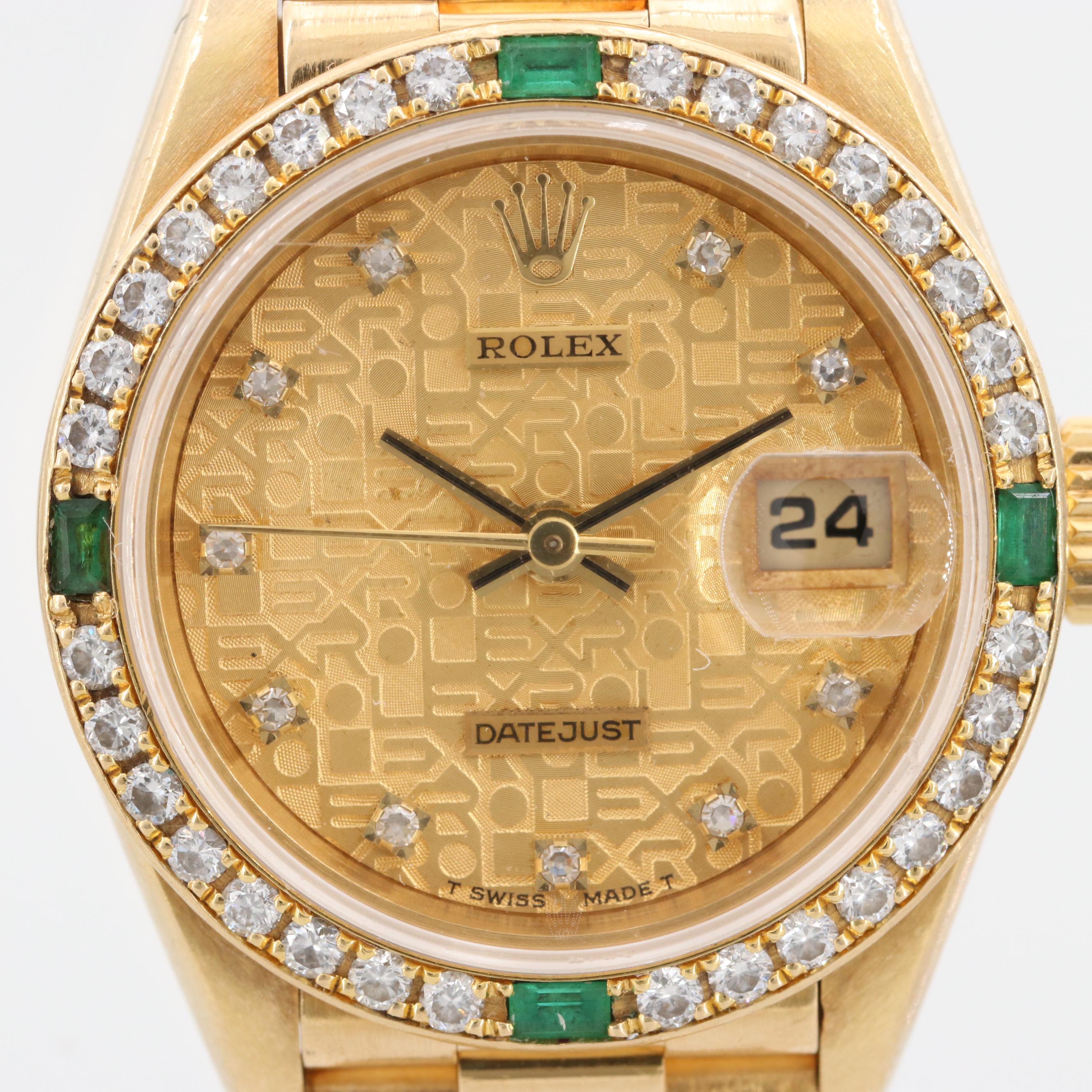 Rolex Datejust 18K Yellow Gold Diamond and Emerald Watch, 1990