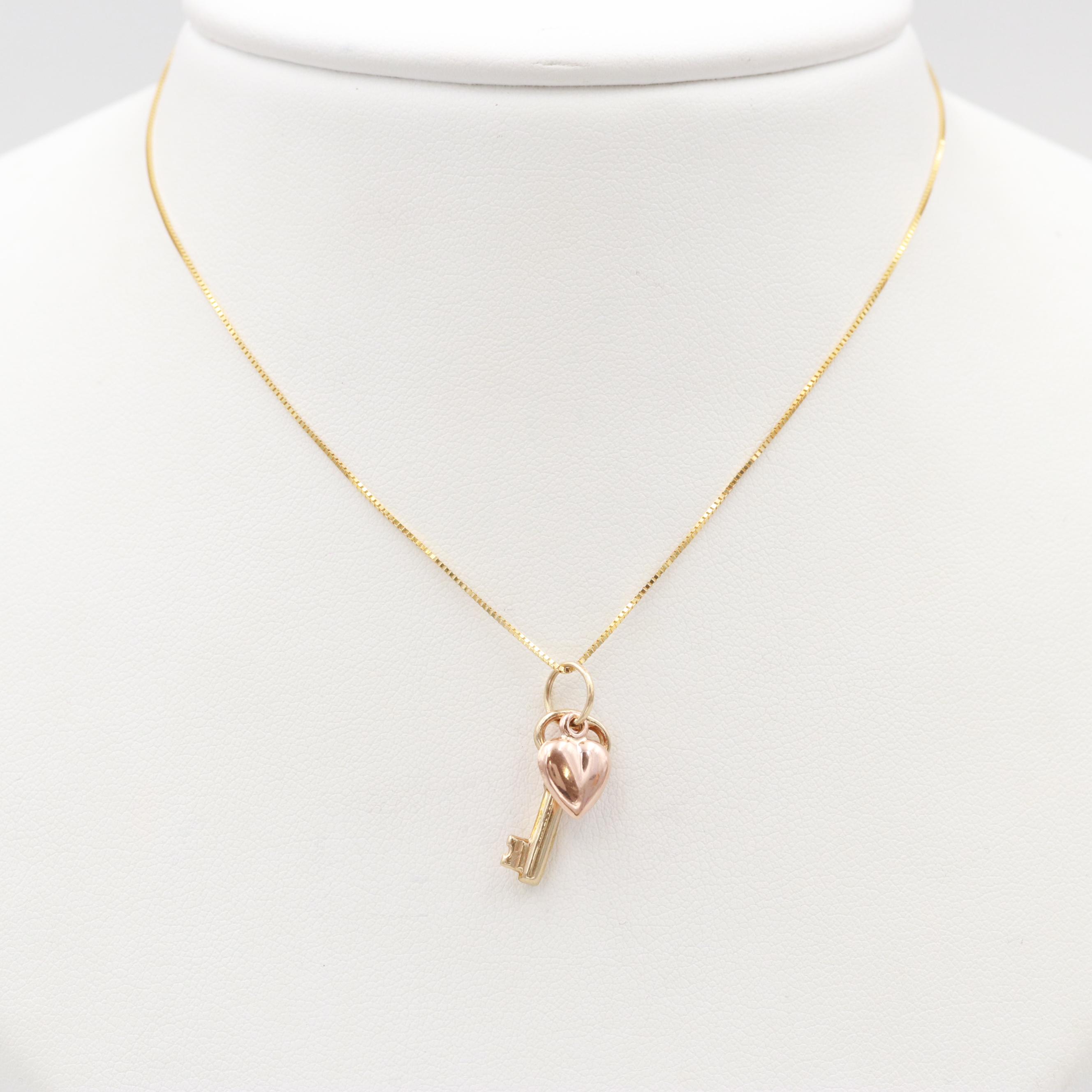 14K Yellow Gold Key and 14K Rose Gold Heart Necklace