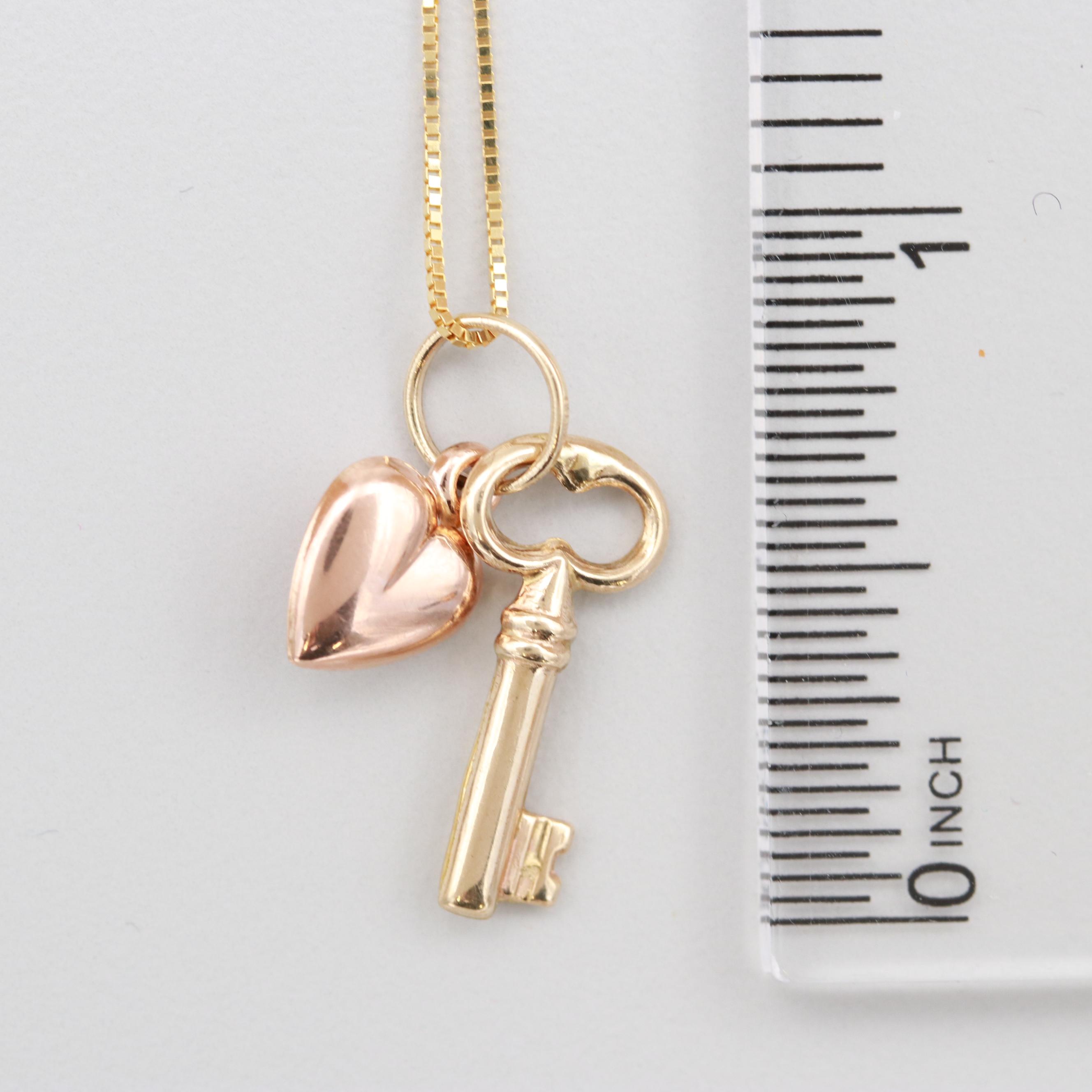 14K Yellow Gold Key and 14K Rose Gold Heart Necklace