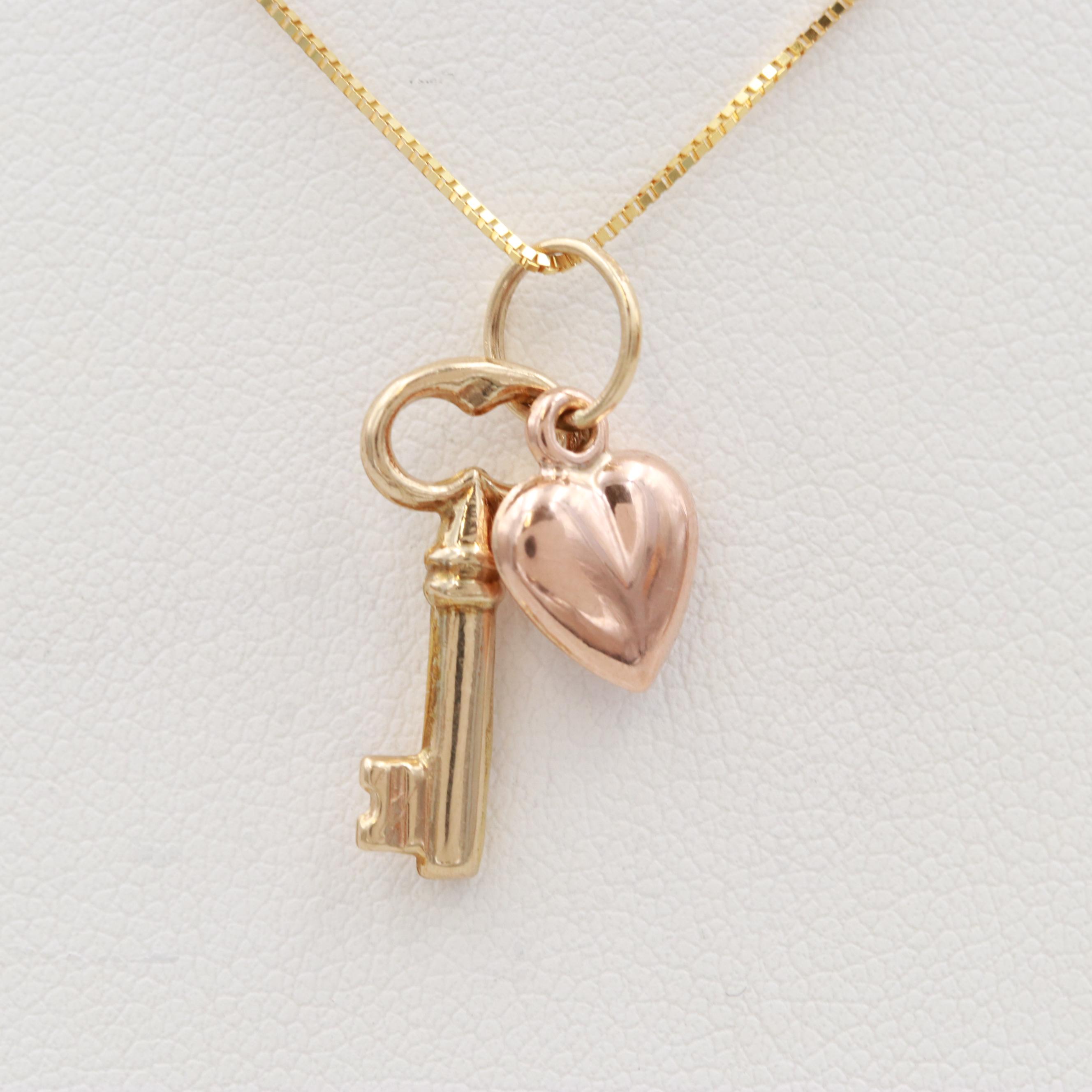 14K Yellow Gold Key and 14K Rose Gold Heart Necklace