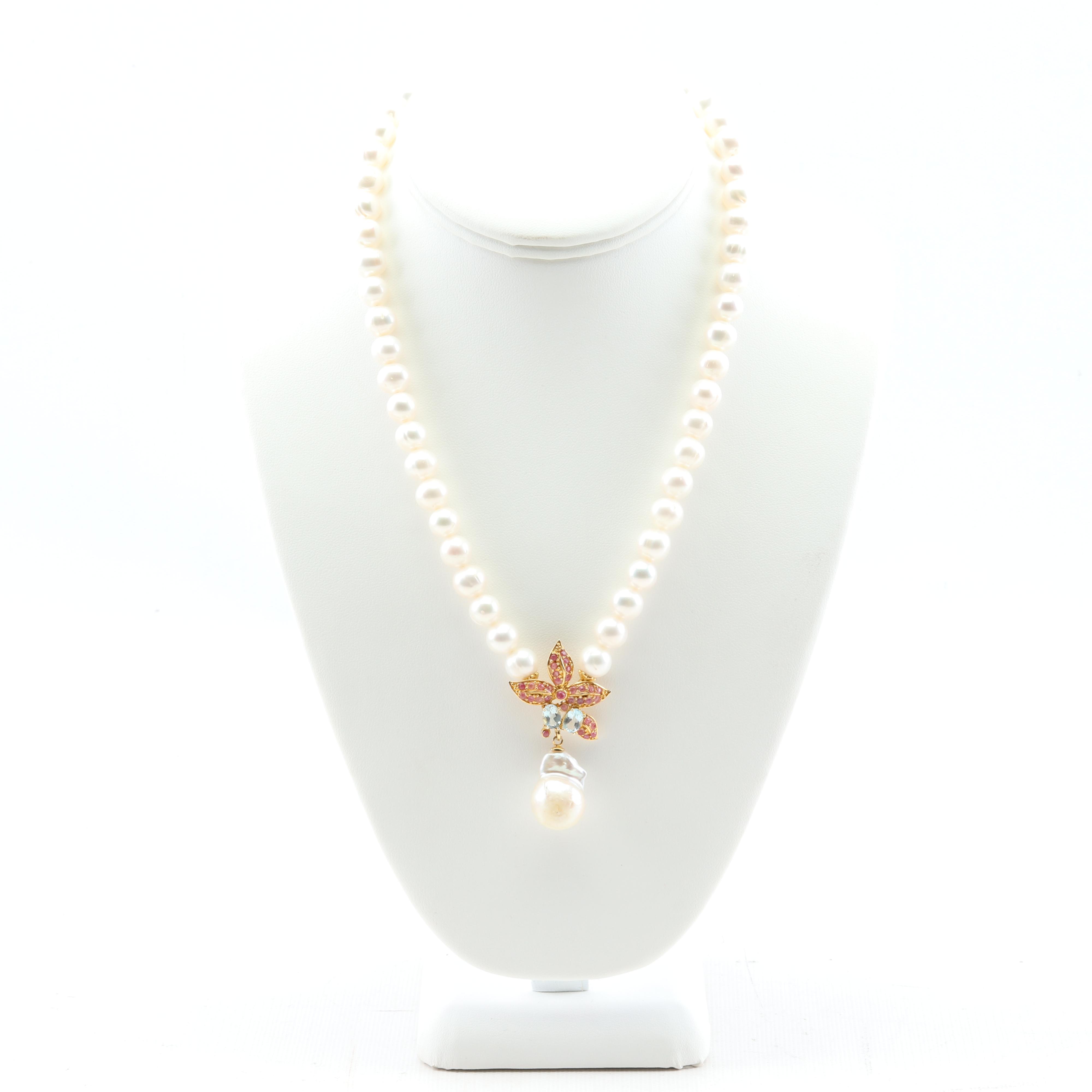 Sterling Silver Freshwater Pearl, 1.33 CTW Ruby and 2.00 CTW Blue Topaz Necklace