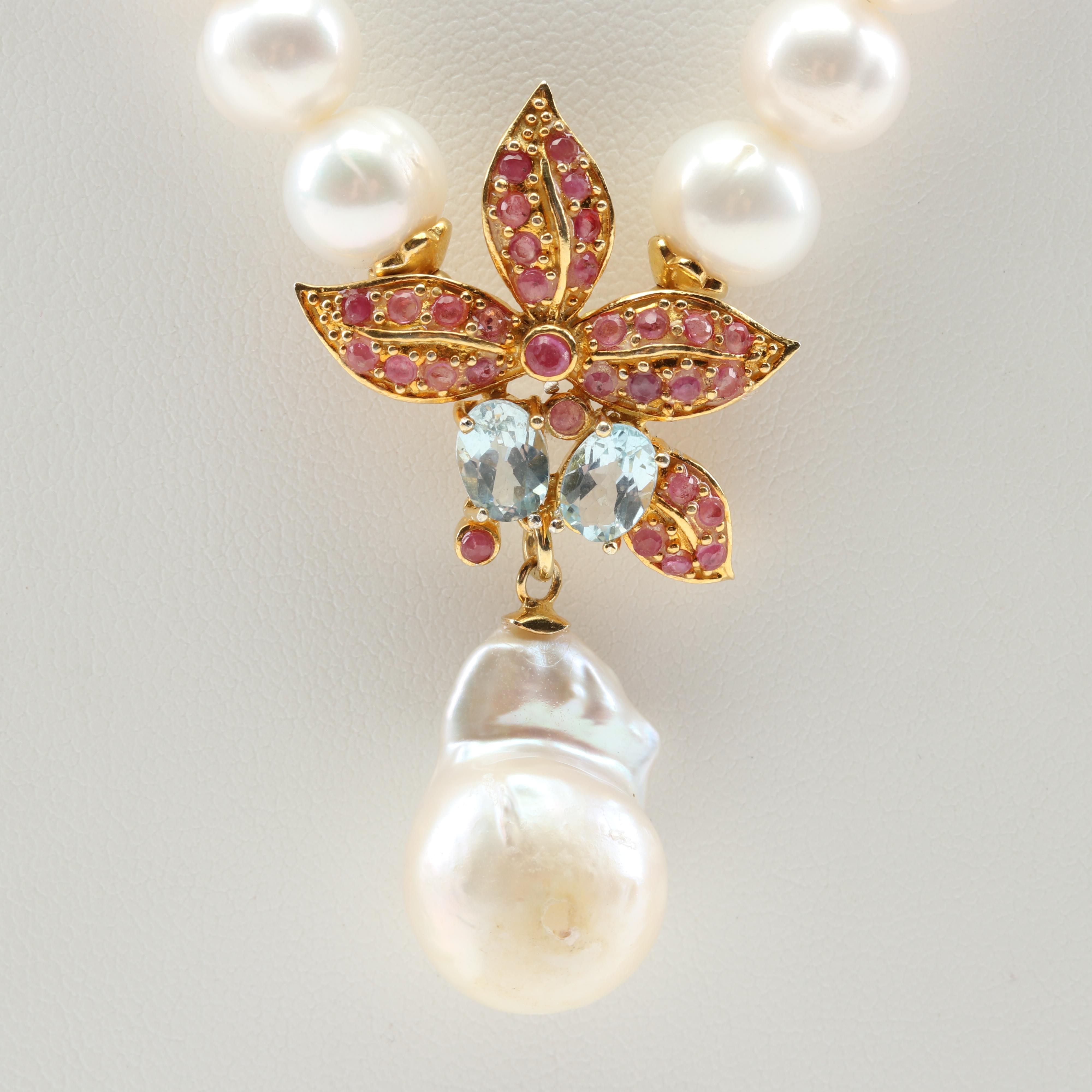 Sterling Silver Freshwater Pearl, 1.33 CTW Ruby and 2.00 CTW Blue Topaz Necklace