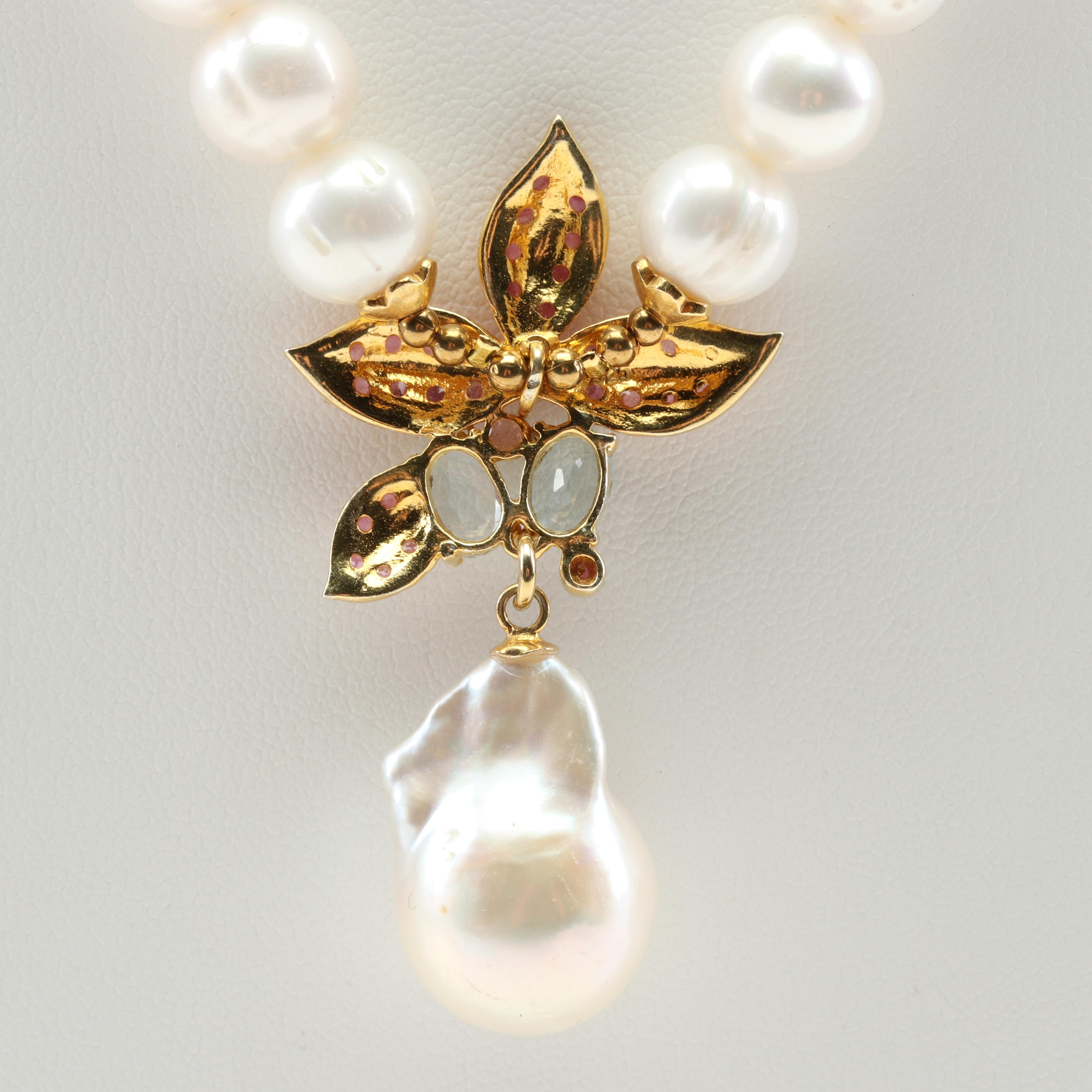 Sterling Silver Freshwater Pearl, 1.33 CTW Ruby and 2.00 CTW Blue Topaz Necklace