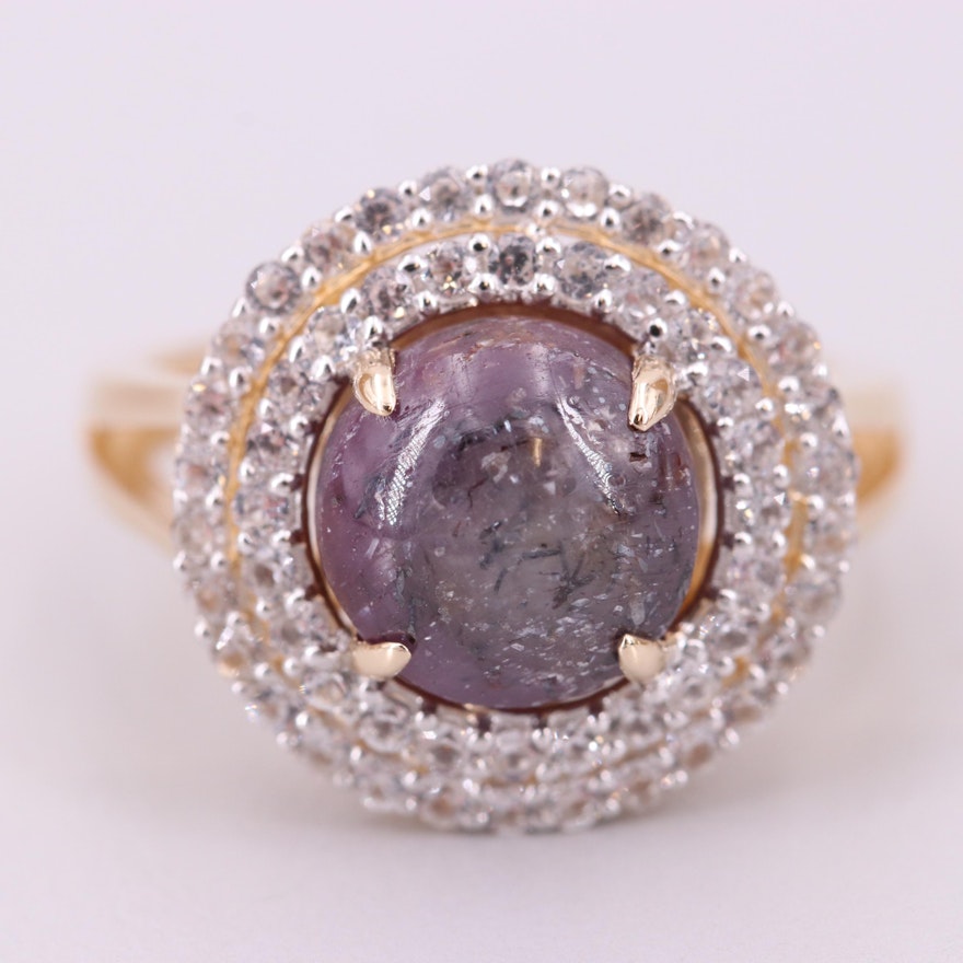 Gold Wash on Sterling Silver Star Sapphire Ring with White Sapphire Accents