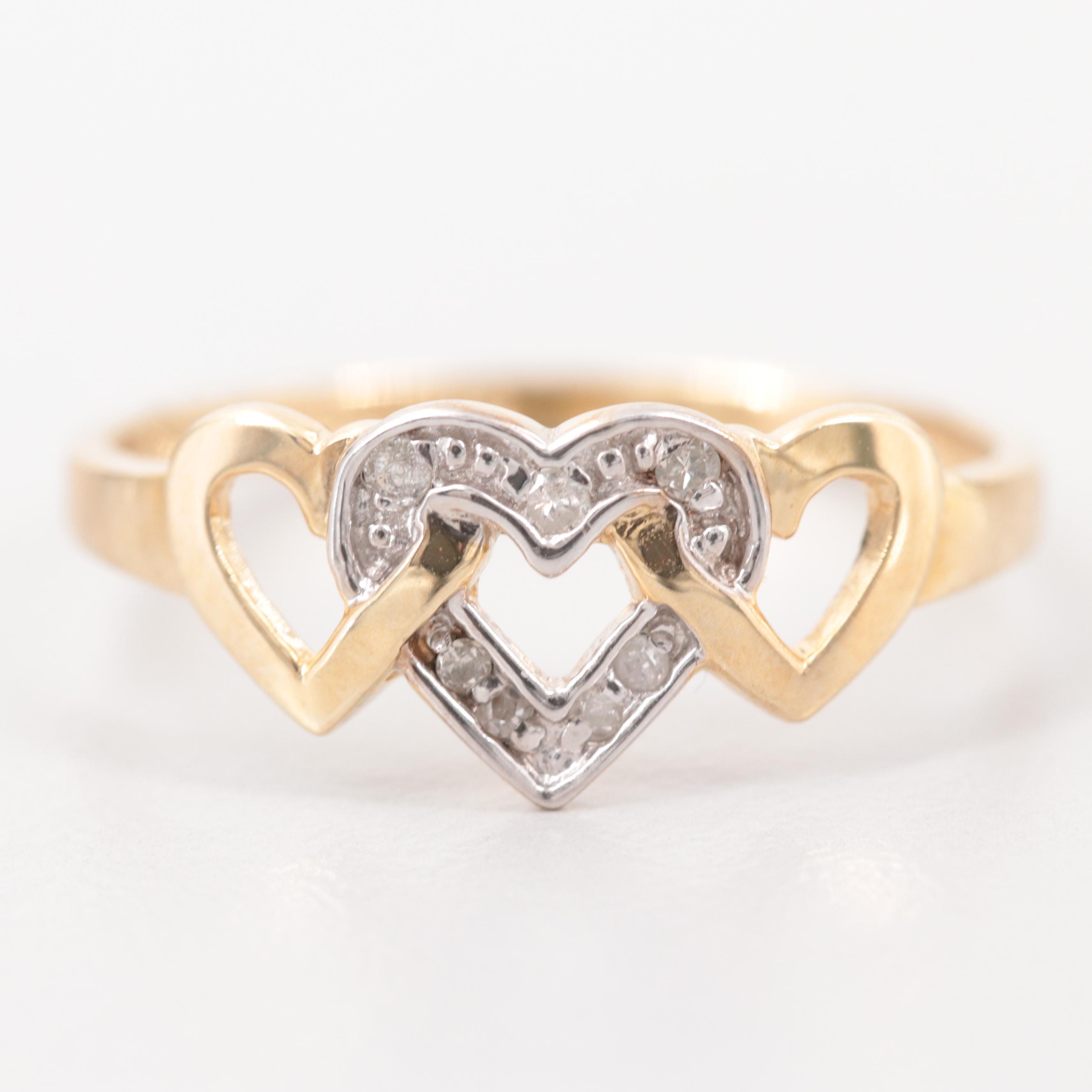 10K Yellow Gold Diamond Triple Heart Ring