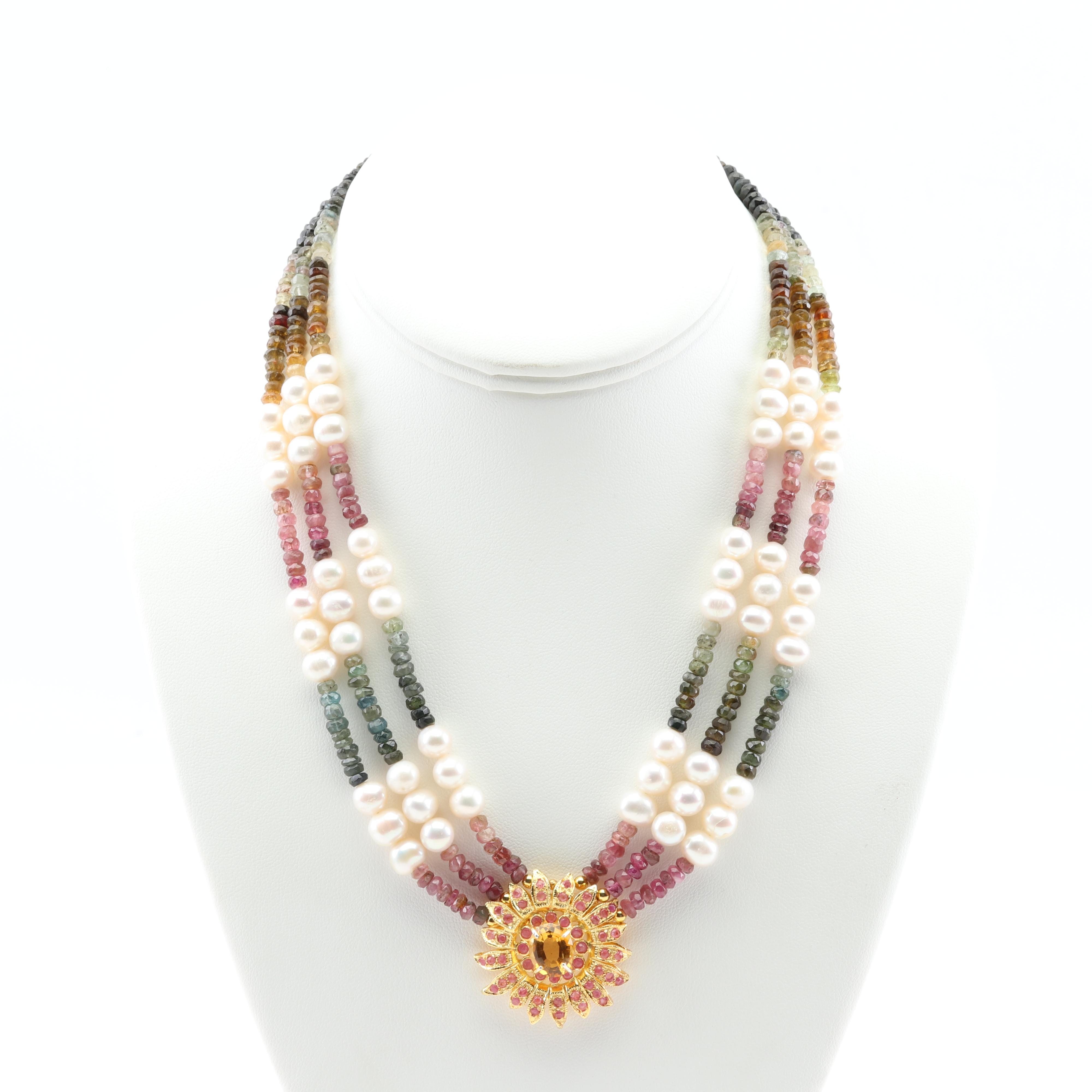 Sterling Silver Freshwater Pearl Multi Gemstone Medallion Necklace