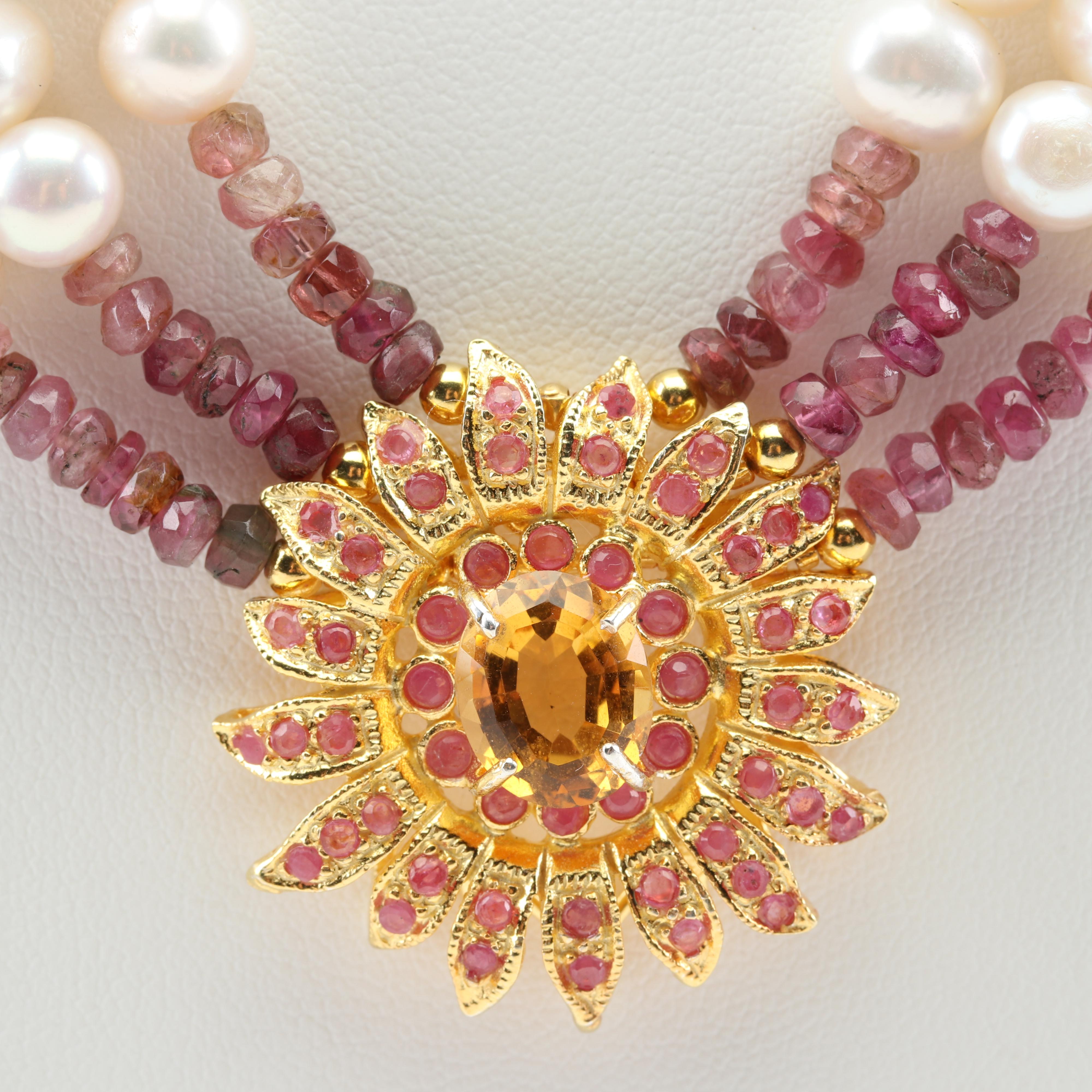 Sterling Silver Freshwater Pearl Multi Gemstone Medallion Necklace