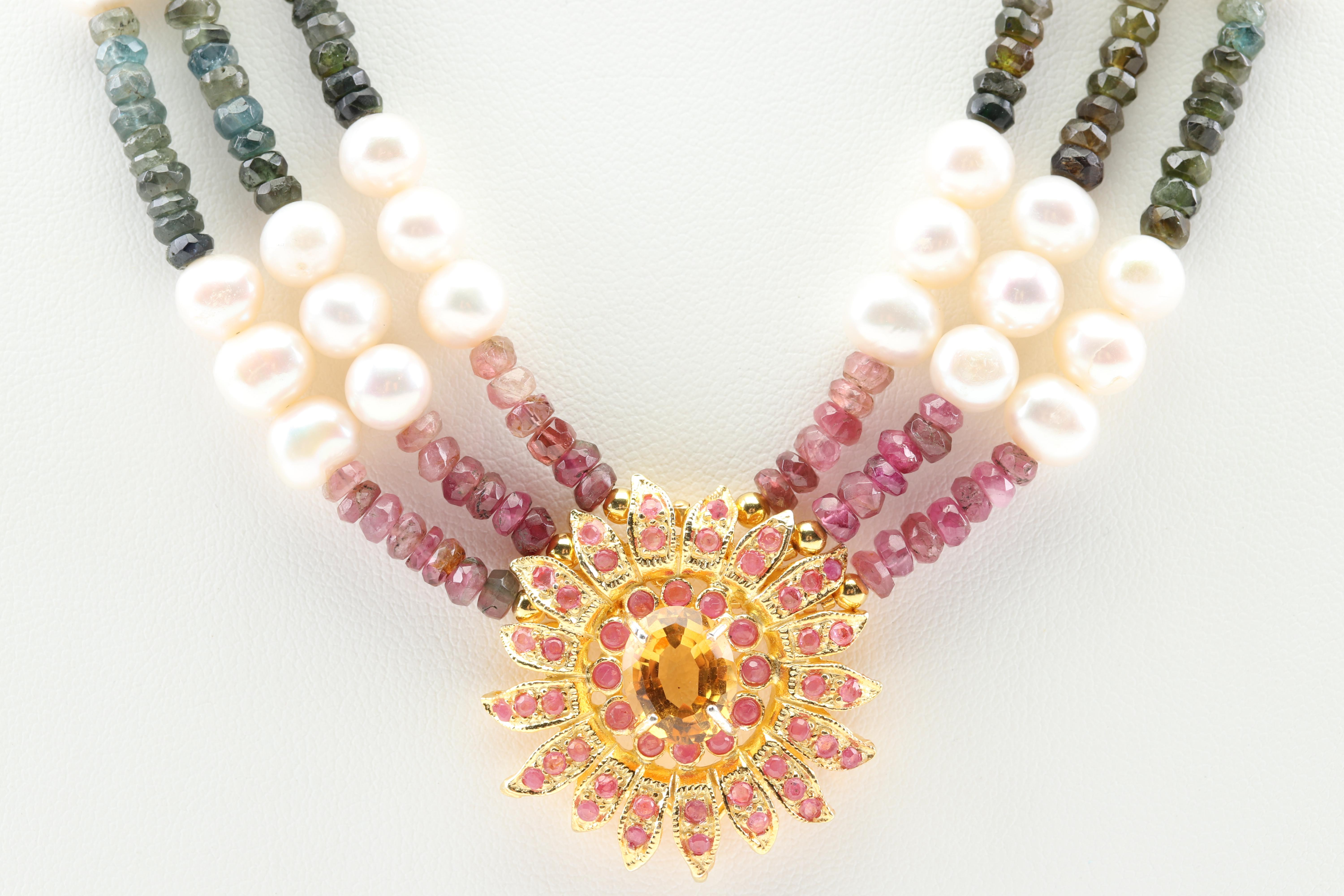 Sterling Silver Freshwater Pearl Multi Gemstone Medallion Necklace