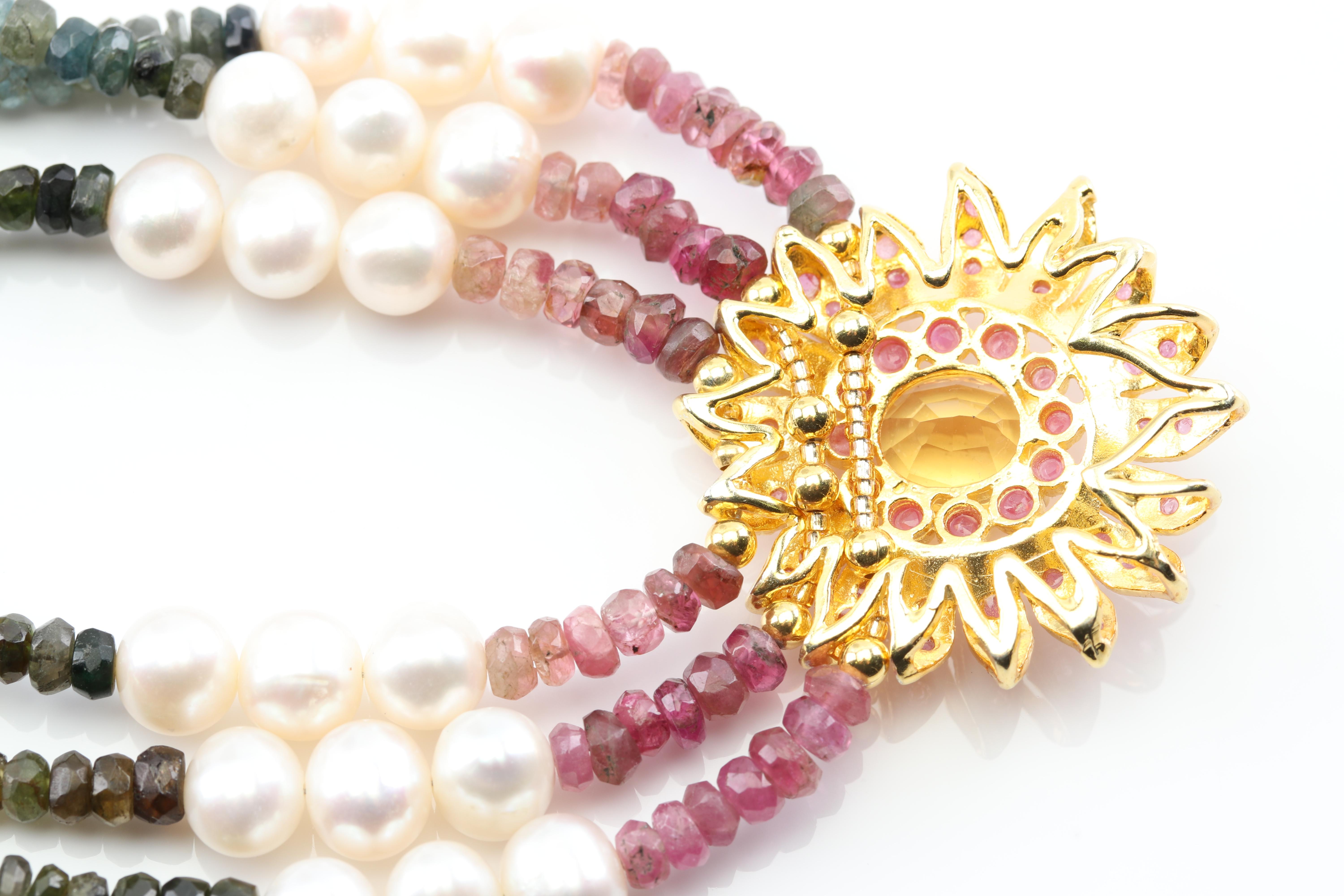 Sterling Silver Freshwater Pearl Multi Gemstone Medallion Necklace