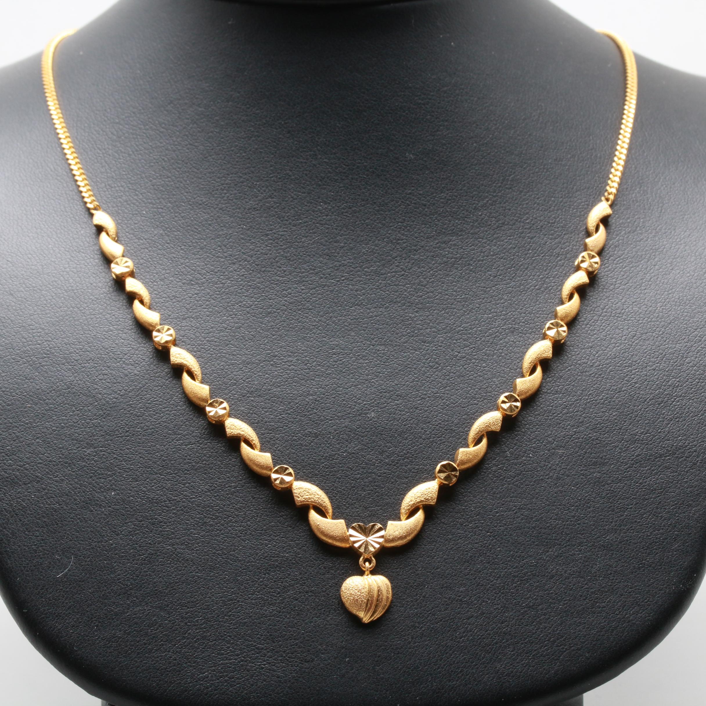 14K Yellow Gold Matte and High Polish Heart Necklace
