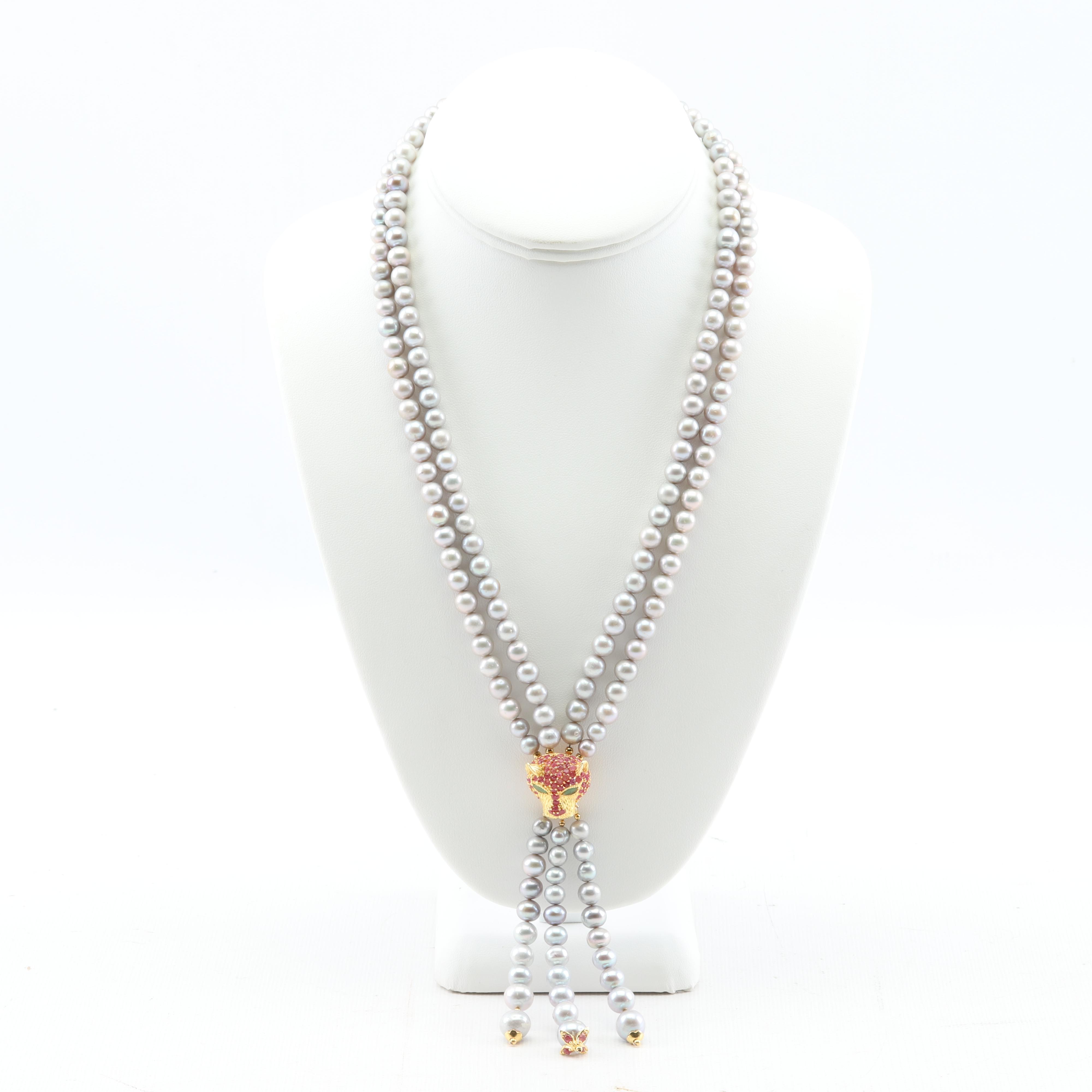 Sterling Silver Freshwater Pearl, 3.88 CTW Ruby and Emerald Necklace